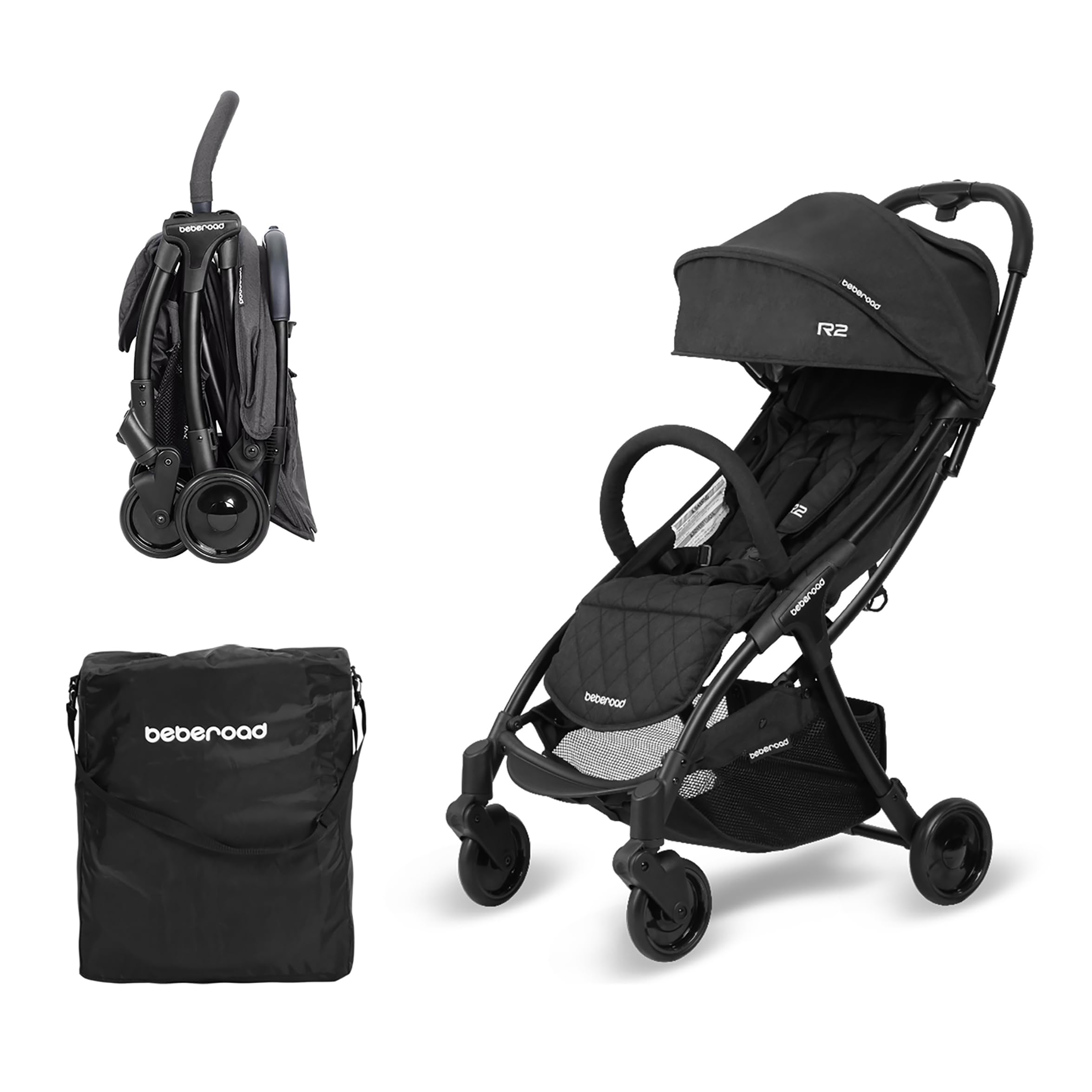 Beberoad Love R2 Compact Lightweight Travel Stroller for Toddlers - Foldable Baby Stroller with Adjustable Backrest, Cup Holder & Waterproof Canopy (Black) | Perfect for Airplane Travel, Shopping & Daily Walks