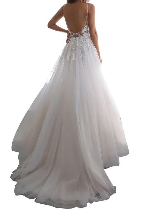 Elegant Deep V Neck Lace Applique Spaghetti Strap Wedding Dress - Chiffon Summer Bridal Gown for Bride | Perfect for Beach Weddings, Outdoor Ceremonies & Romantic Vows