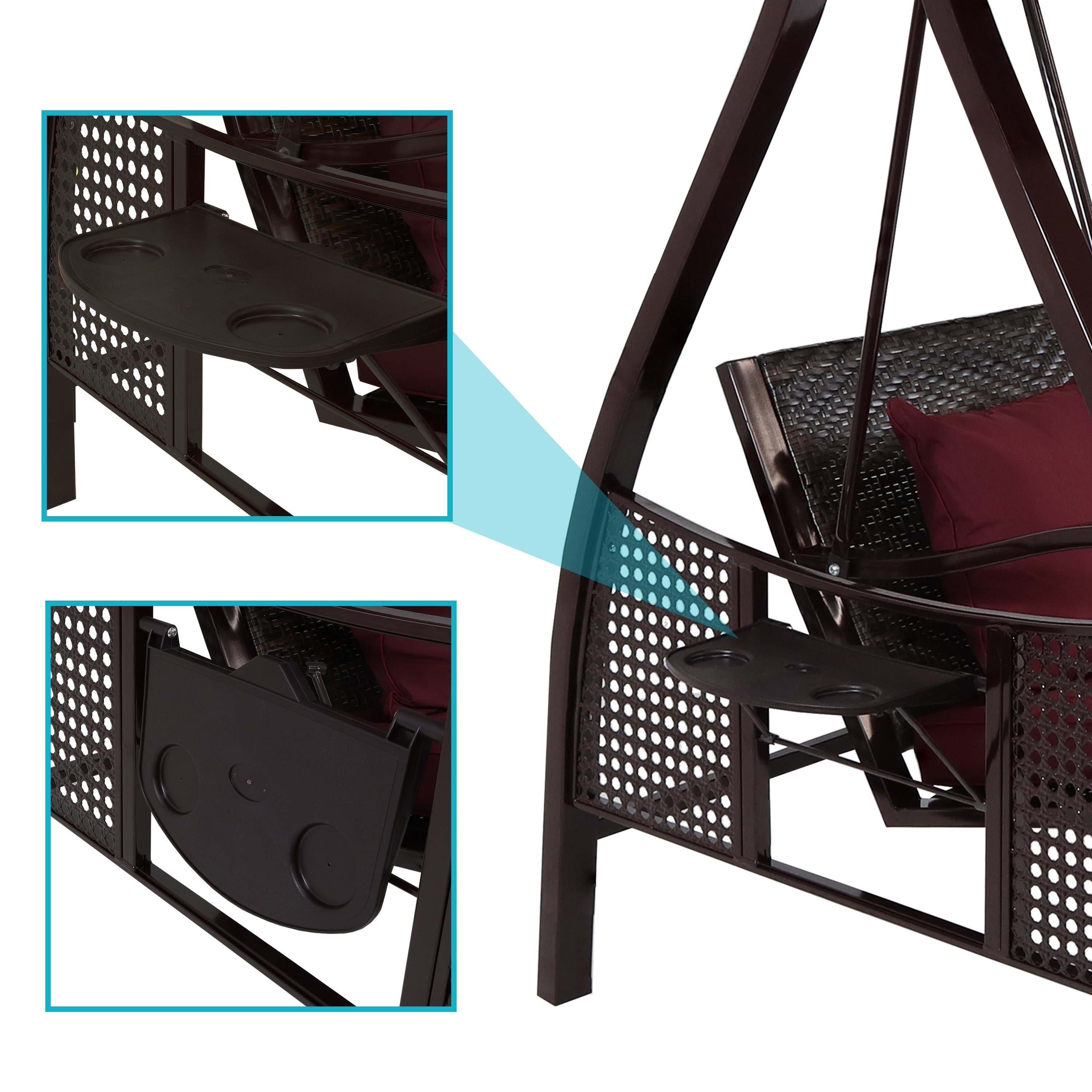 Sunnydaze 3-Person Steel Outdoor Patio Swing with Side Tables & Canopy - Merlot Red for Garden, Backyard, Porch Relaxation