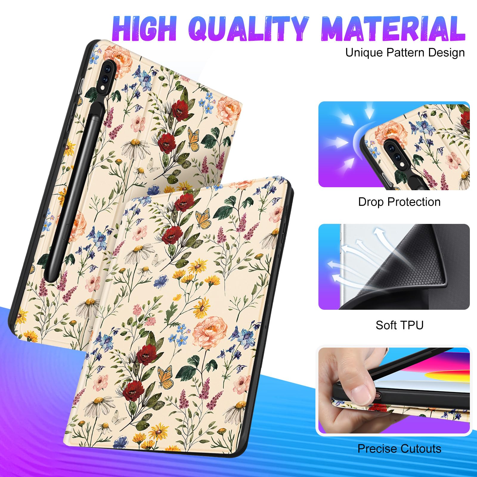 Cute Floral Folio Case for Samsung Galaxy Tab S8/Tab S7 11 Inch - Kawaii Girly Design with Pencil Holder, Protective Cover for Women & Girls (2020/2022 Models) - Perfect for School, Work & Travel
