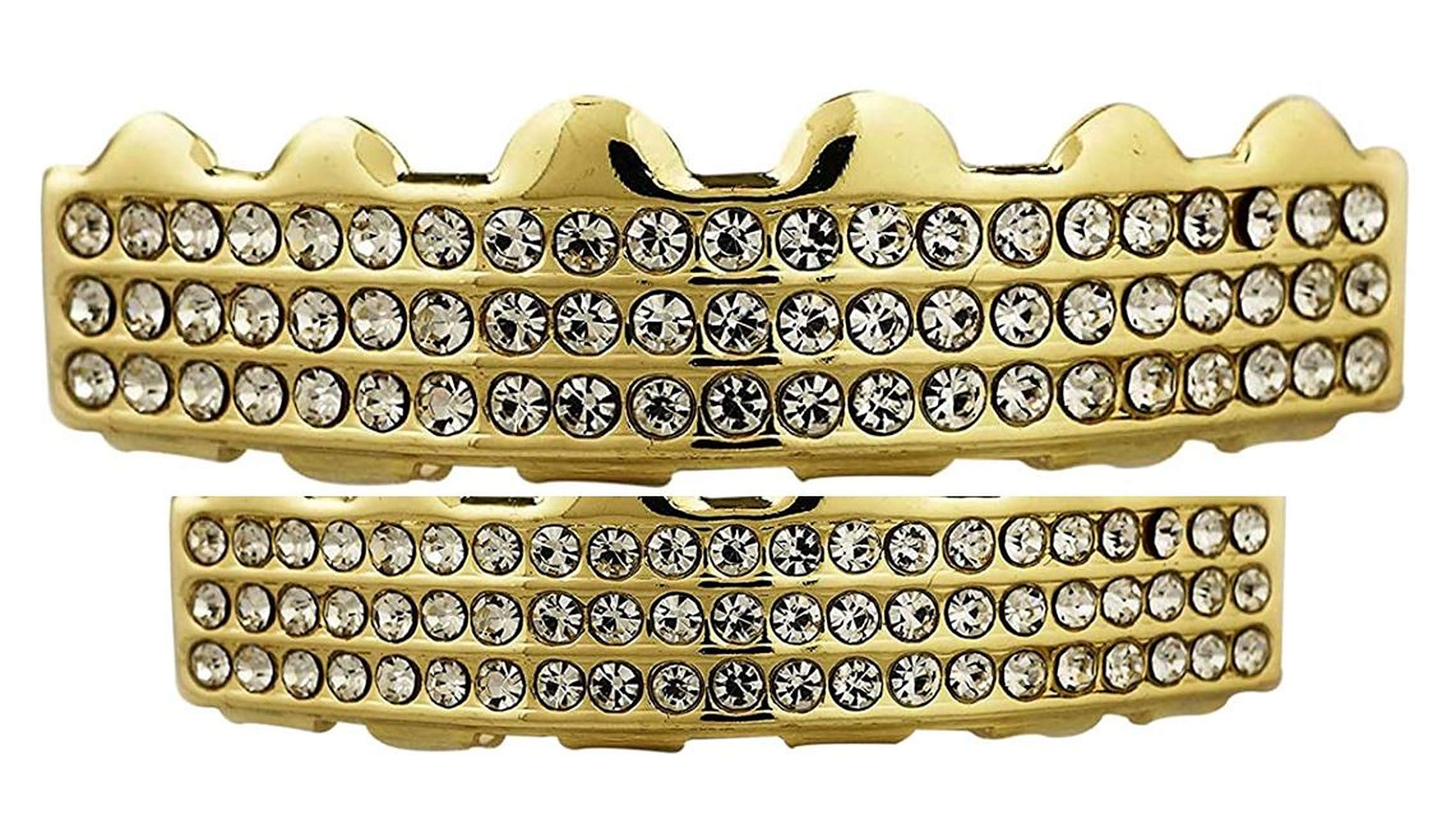 14K Gold Plated 6 Row Lab Diamond Custom Grillz Set with At-Home Mold Kit - Perfect for Hip Hop Fashion, Special Events & Unique Jewelry Collection