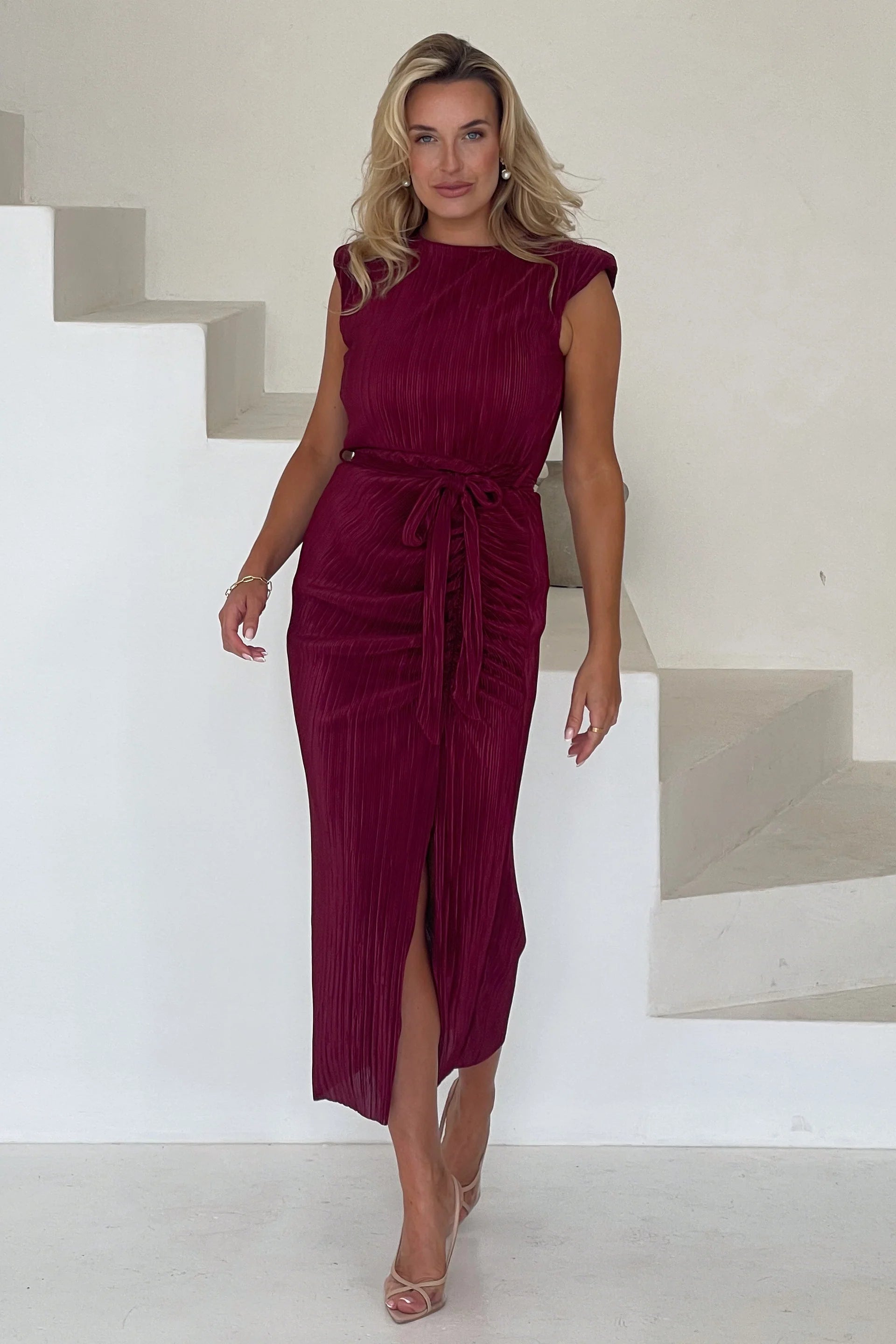 Elena Ruched Seamed Midi Dress for Women - Elegant Wine Red Bodycon Party Dress for Cocktail, Wedding Guest, Date Night & Special Occasions
