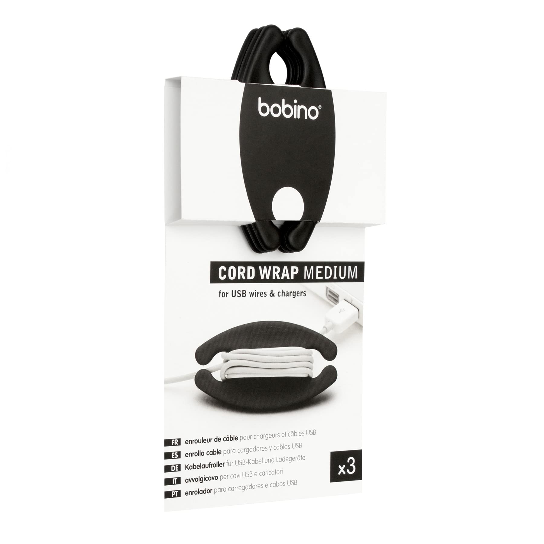 Bobino Cord Wrap & Organizer - 3 Pack Medium Cable Management for Desk Accessories | Under Desk Wire Holder & Cord Ties | Perfect for Home Office, Gaming Setup & Workspace Organization