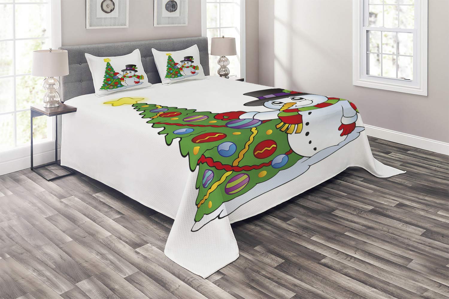 Ambesonne Snowman Christmas Quilted Bedspread Set - 3 Piece King Size Bedding with 2 Pillow Shams, Holiday Winter Themed Decorative Coverlet for Festive Bedroom Decor | Perfect for Christmas Celebrations & Cozy Winter Nights