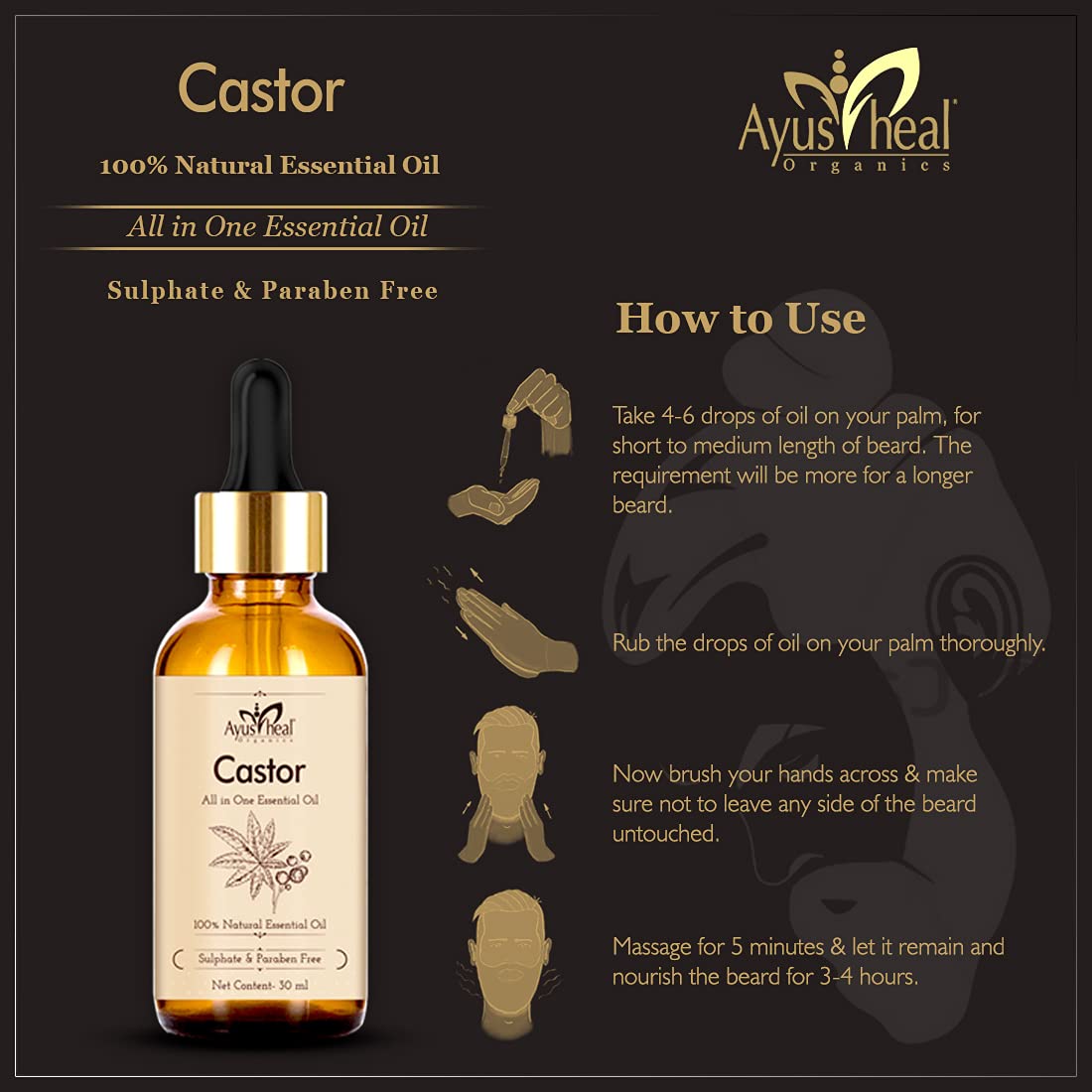 Ayusheal 100% Pure Cold Pressed Castor Oil for Hair Growth, Skin Care & Nail Strength - 30ml Natural Treatment - No Mineral Oil or Silicones - Perfect for Hair Masks, Eyelash Growth & Dry Skin Hydration