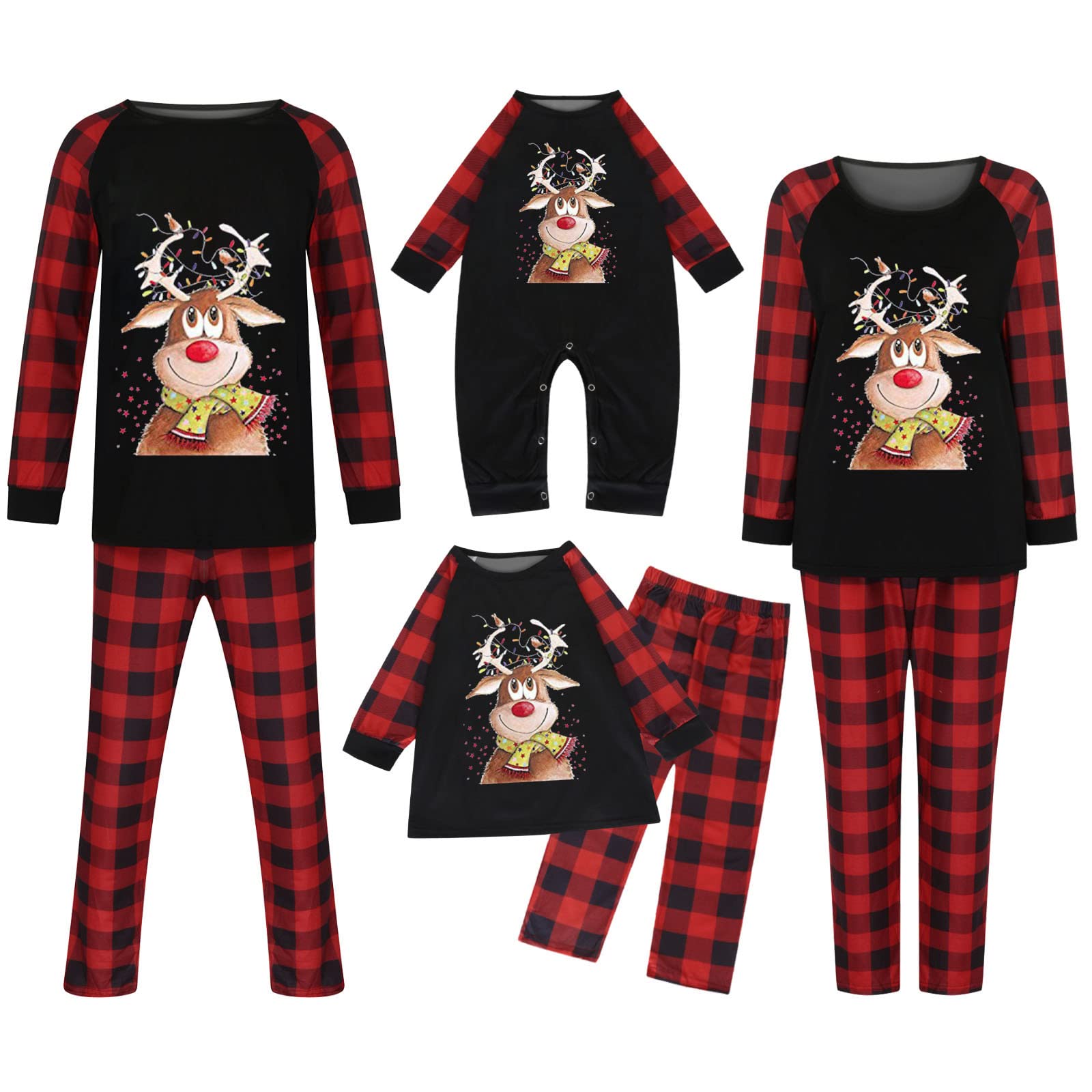 **Christmas Family Matching Pajama Sets - Deer Graphic Shirt & Red Plaid Lounge Pants for Men, Women & Kids - Cozy Holiday Sleepwear for Family Photos & Festive Gatherings**