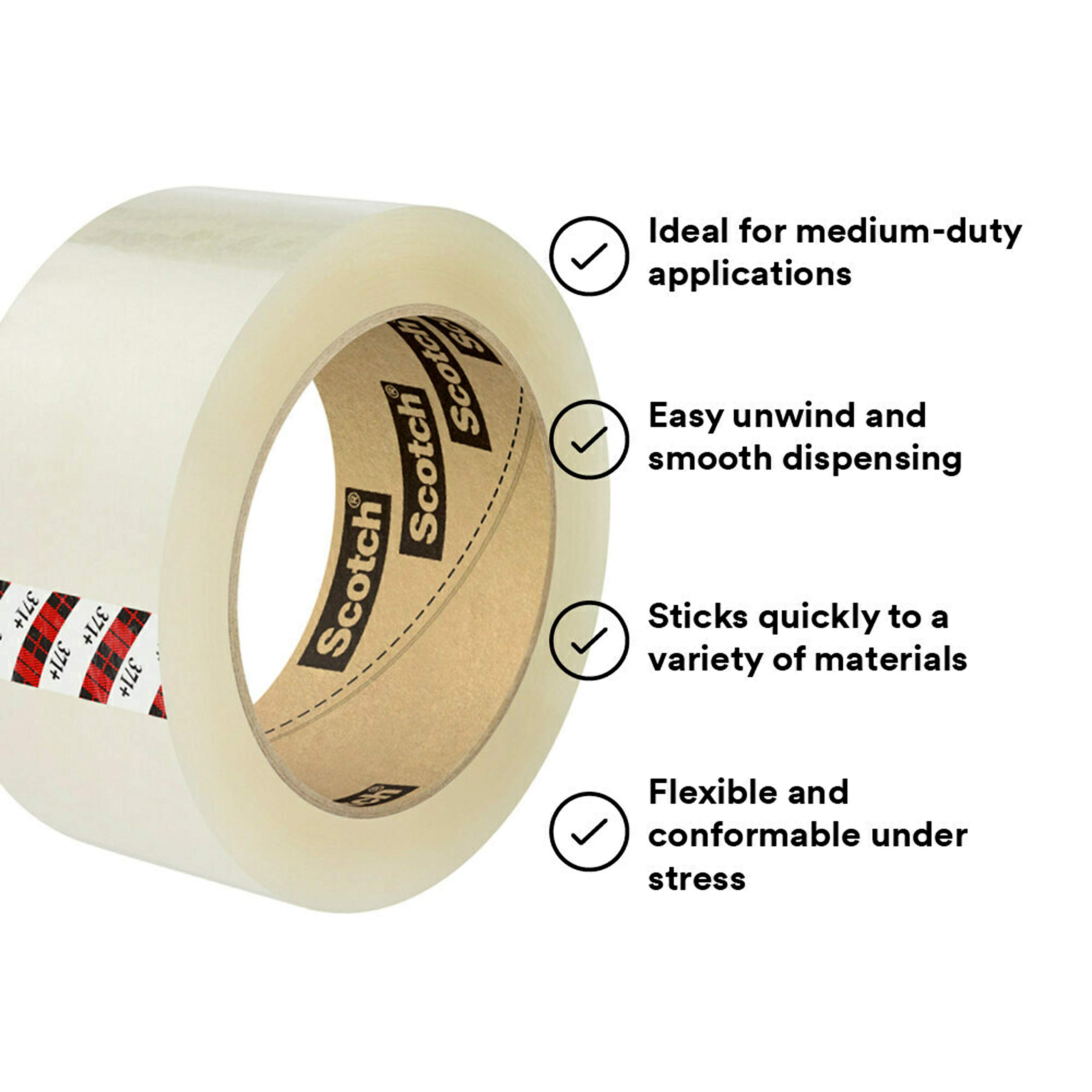 3M Scotch High Tack Box Sealing Tape 371+ - Heavy Duty Packaging Tape with Synthetic Rubber Adhesive, 48mm x 100m, Clear (36 Rolls/Case) - Ideal for Shipping Boxes, Moving & Warehouse Packaging
