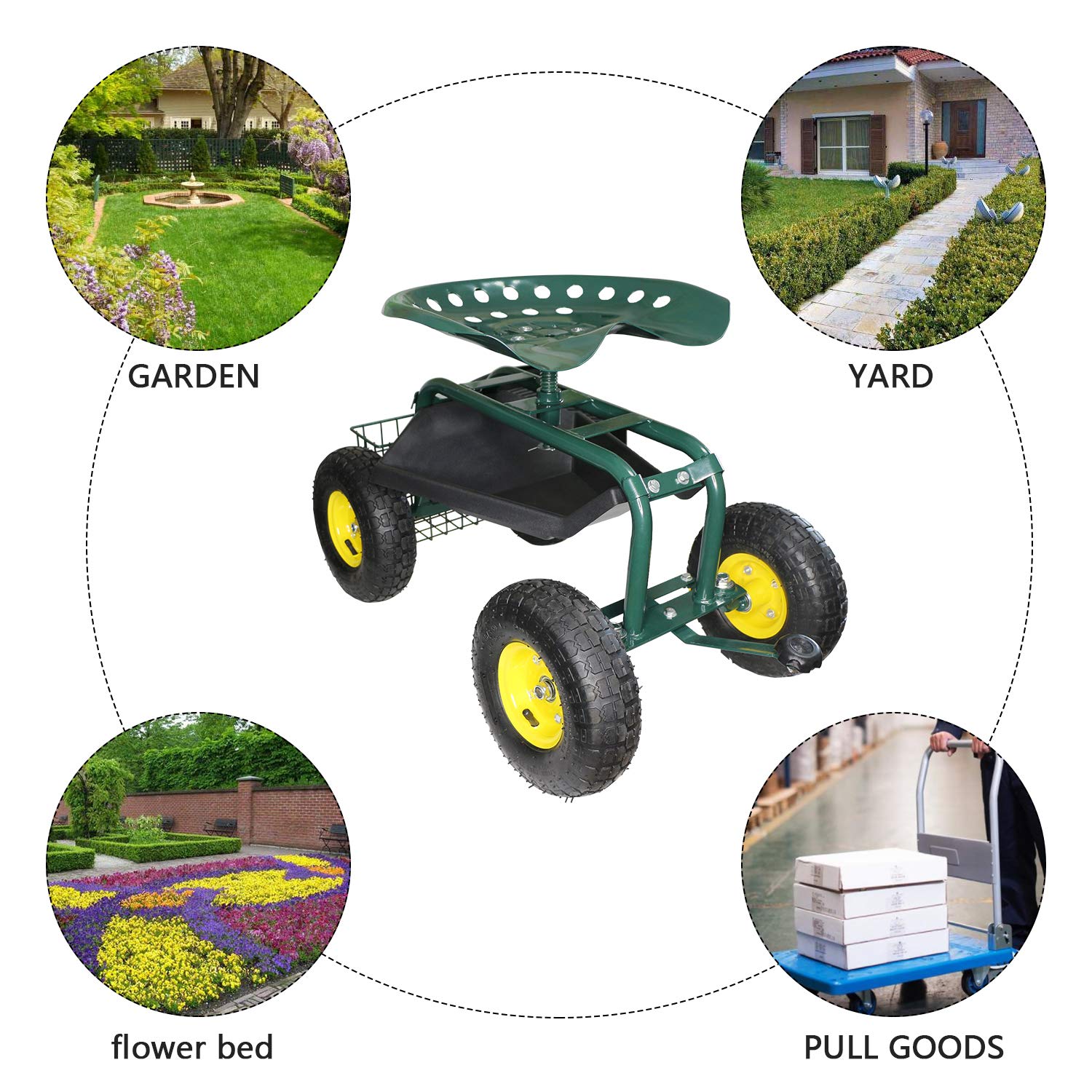 Rolling Garden Workseat with Steerable Wheels & Tool Tray - Adjustable Gardening Stool with Storage Basket for Planting, Weeding (Indigo) - Perfect for Backyard, Patio & Greenhouse Work