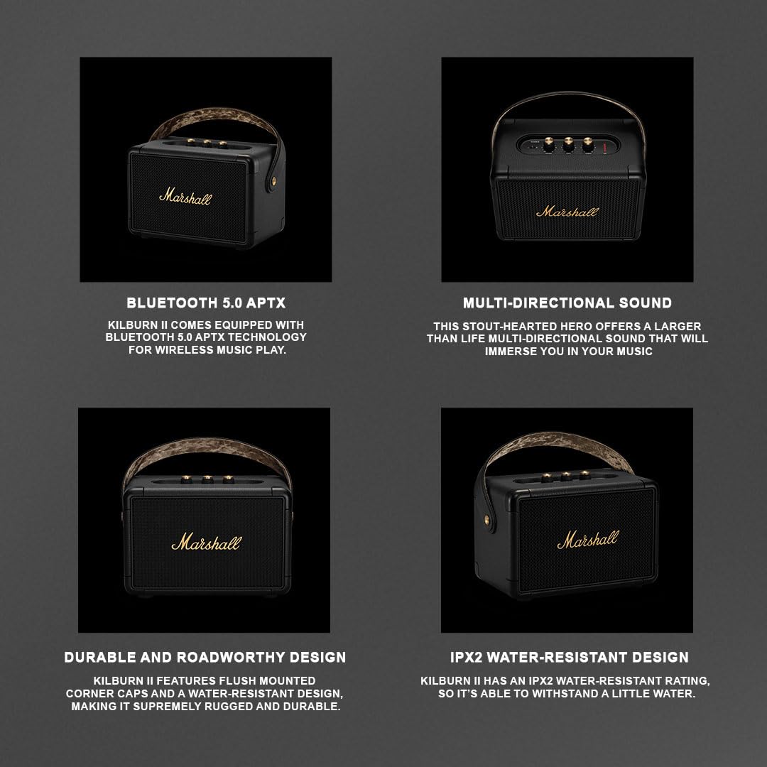 Marshall Kilburn II Portable Bluetooth Speaker - Wireless, Waterproof, Premium Sound - Black & Brass Finish | Perfect for Outdoor Adventures, Beach Parties & Home Entertainment
