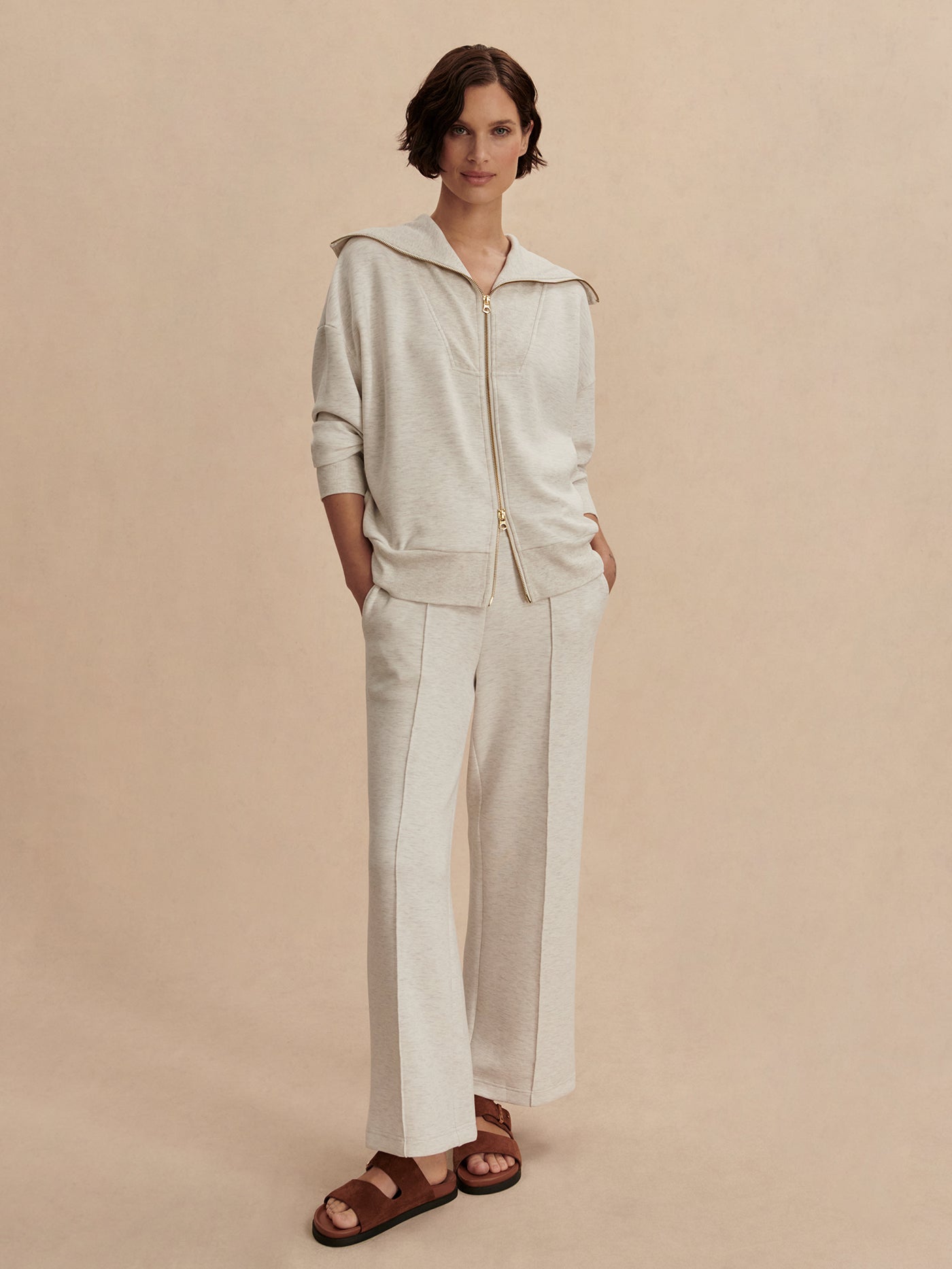 Varley Halley Zip Through Sweatshirt - Ivory Marl Color | Women's Casual Pullover Hoodie for Yoga, Running & Lounge Wear