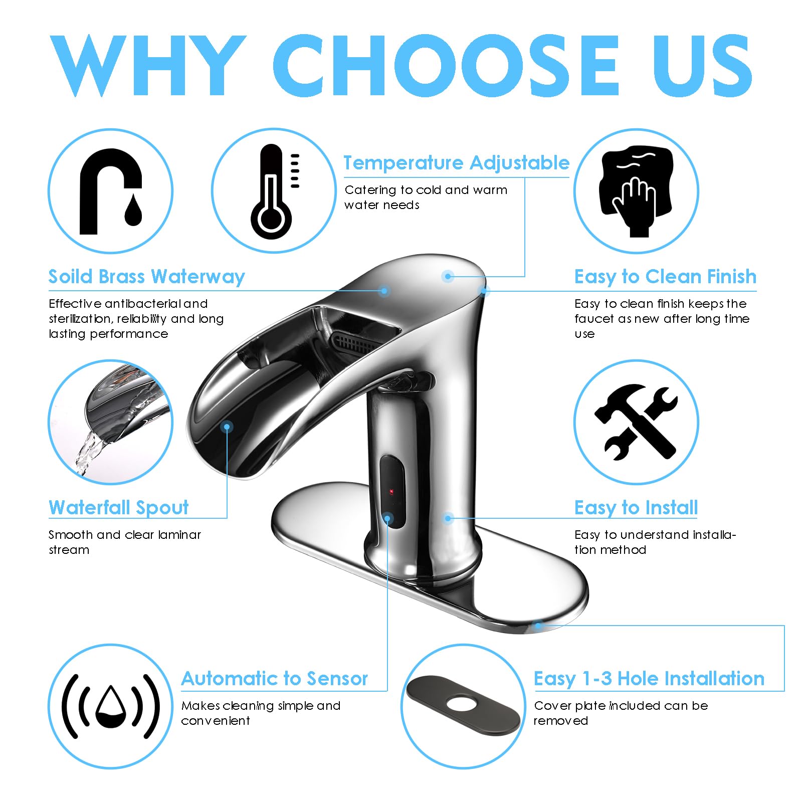 Automatic Touchless Sensor Waterfall Bathroom Sink Faucet - Modern Hands-Free Electronic Lavatory Faucet with Control Box & Temperature Mixer - Perfect for Home, Hotel, and Public Restrooms (Chrome Finish)