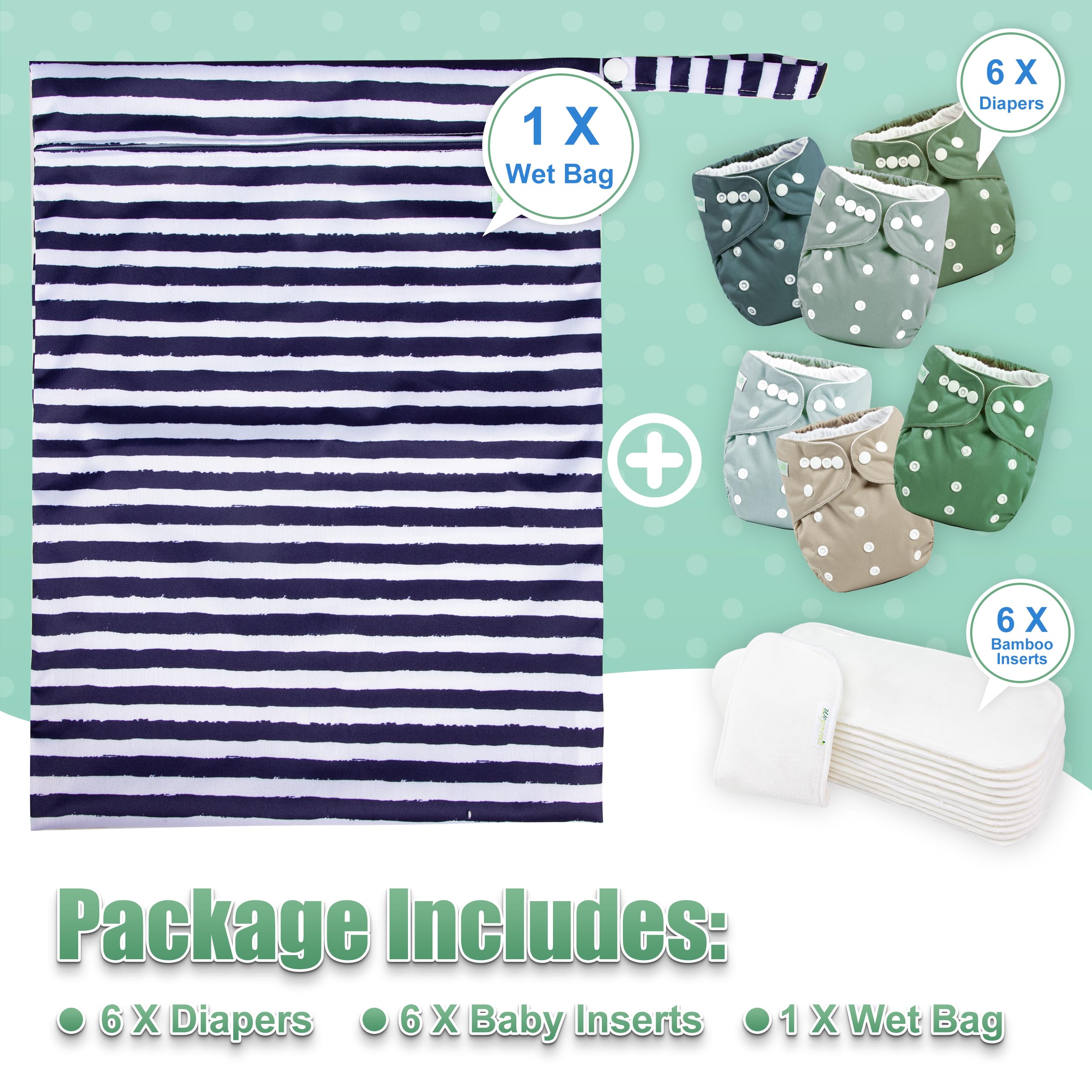 Wegreeco 6 Pack Cloth Diapers with Inserts & Wet Bag - Adjustable Reusable Washable Baby Diapers for Boys & Girls (Morandi Green) - Perfect for Daycare, Travel & Eco-Friendly Parenting