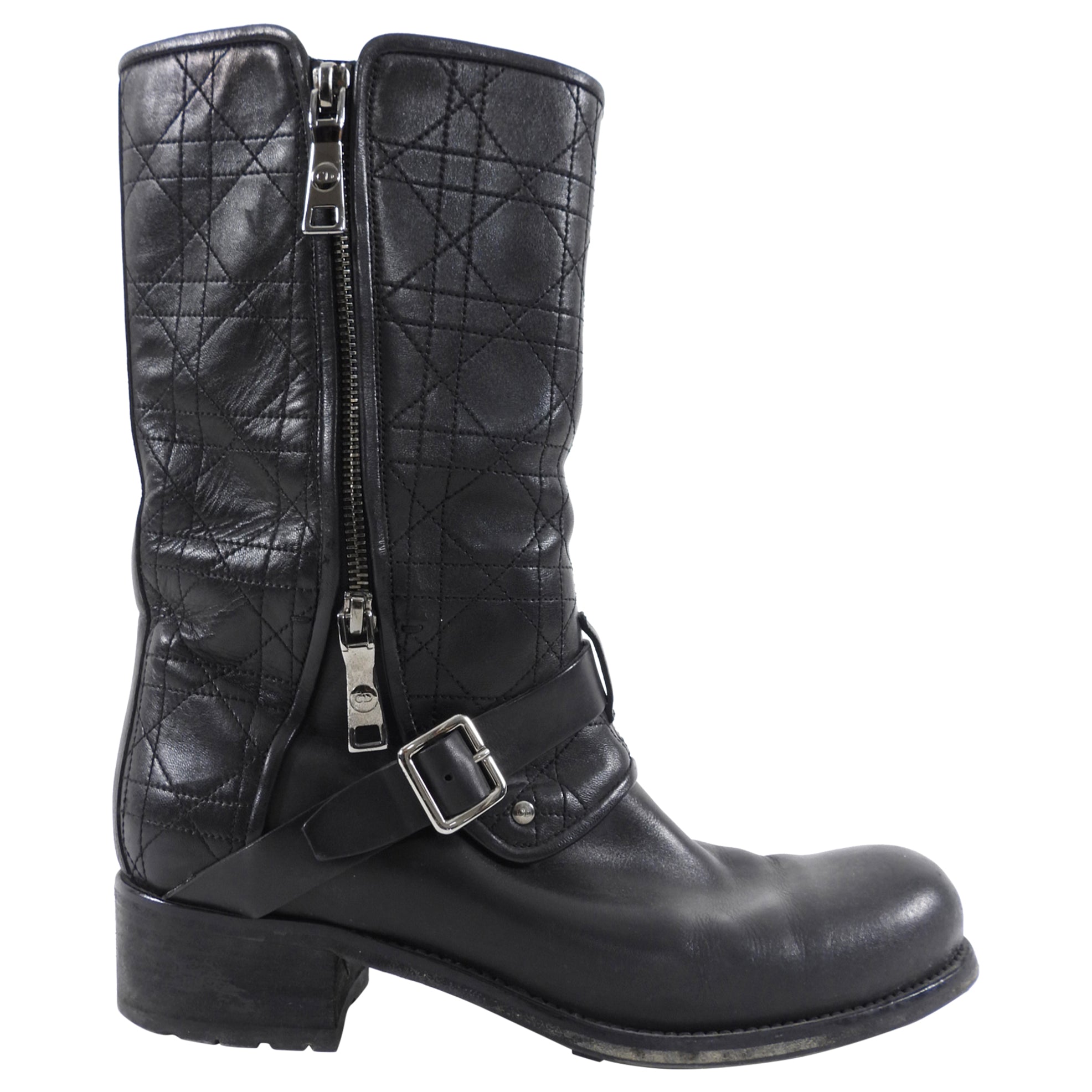 Christian Dior Black Leather Cannage Moto Boots Women's Size FR40 (US 10) - Stylish Knee-High Riding Boots for Fashion, Parties & Winter Outfits