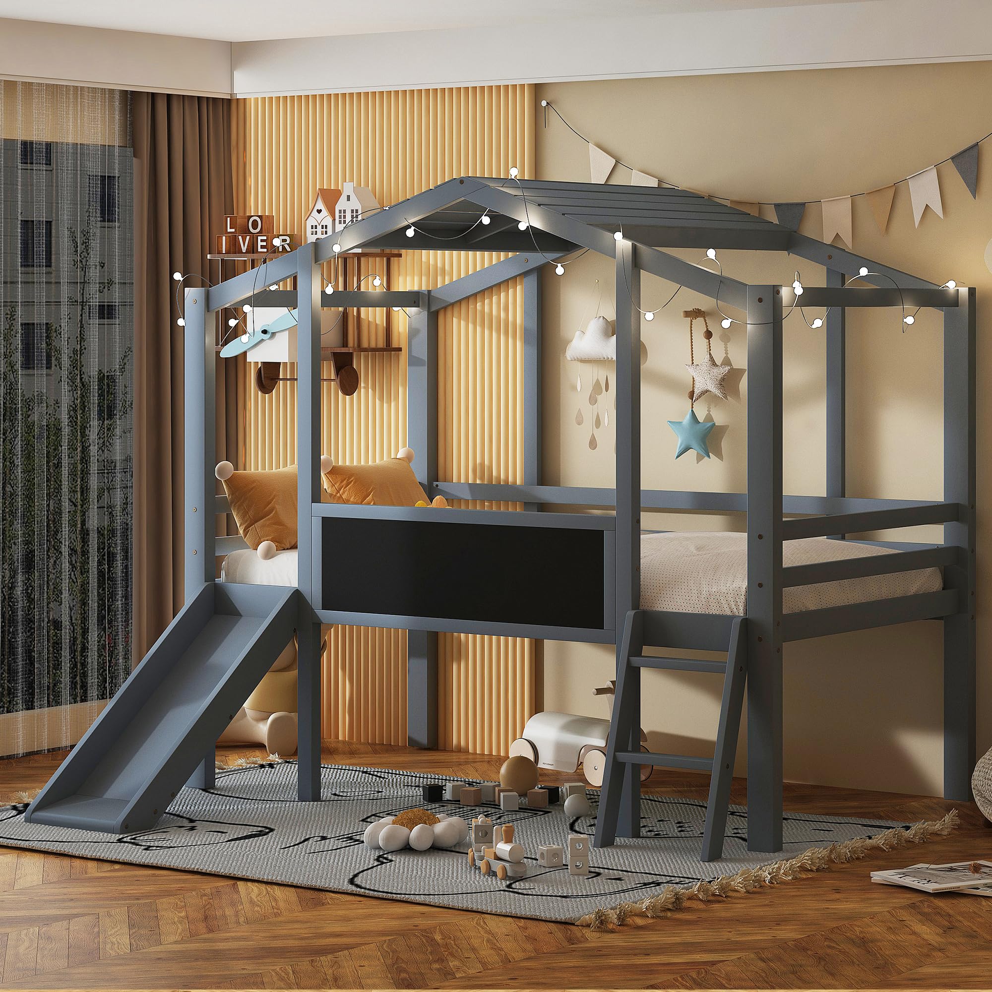 Harper & Bright Designs Twin Size Kids Loft Bed with Slide, LED Lights & Blackboard - Wood Playhouse Loft Bed with Ladder & Slats Support for Boys & Girls - Perfect for Small Bedrooms, Playrooms & Kids' Sleepovers (Gray)