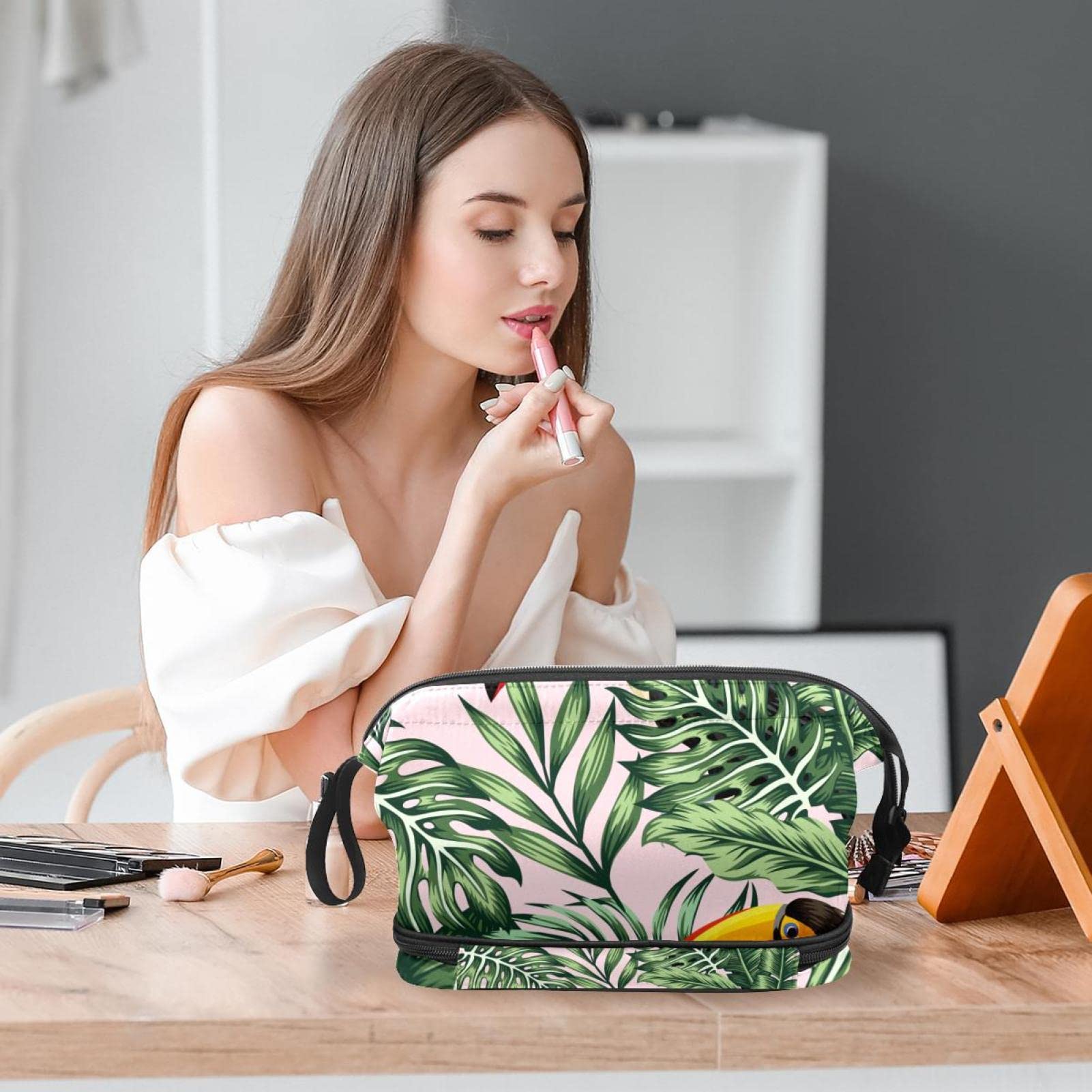 Jungle Toucan Makeup Bag for Women - Double Layer Roomy Cosmetic Organizer | Travel Toiletry Pouch with Zipper | Perfect for Travel, Gym, and Daily Essentials Storage