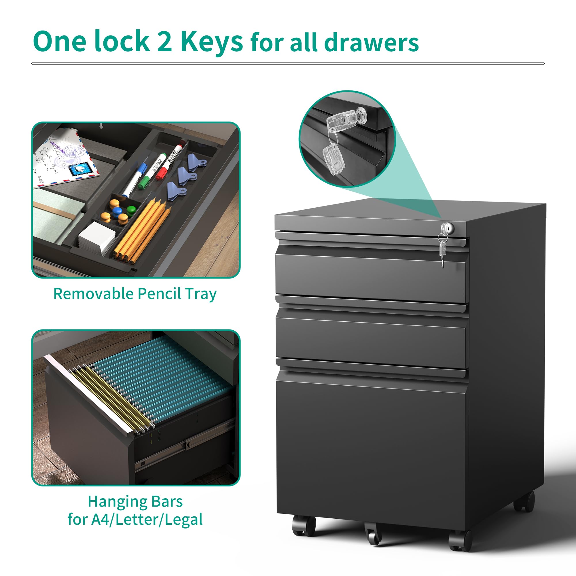 3-Drawer Rolling File Cabinet with Lock - Fully Assembled Metal Under Desk Organizer for Home & Office - Stores Letter, Legal & A4 Documents (Black) - Perfect for Small Spaces & Clutter-Free Workspaces