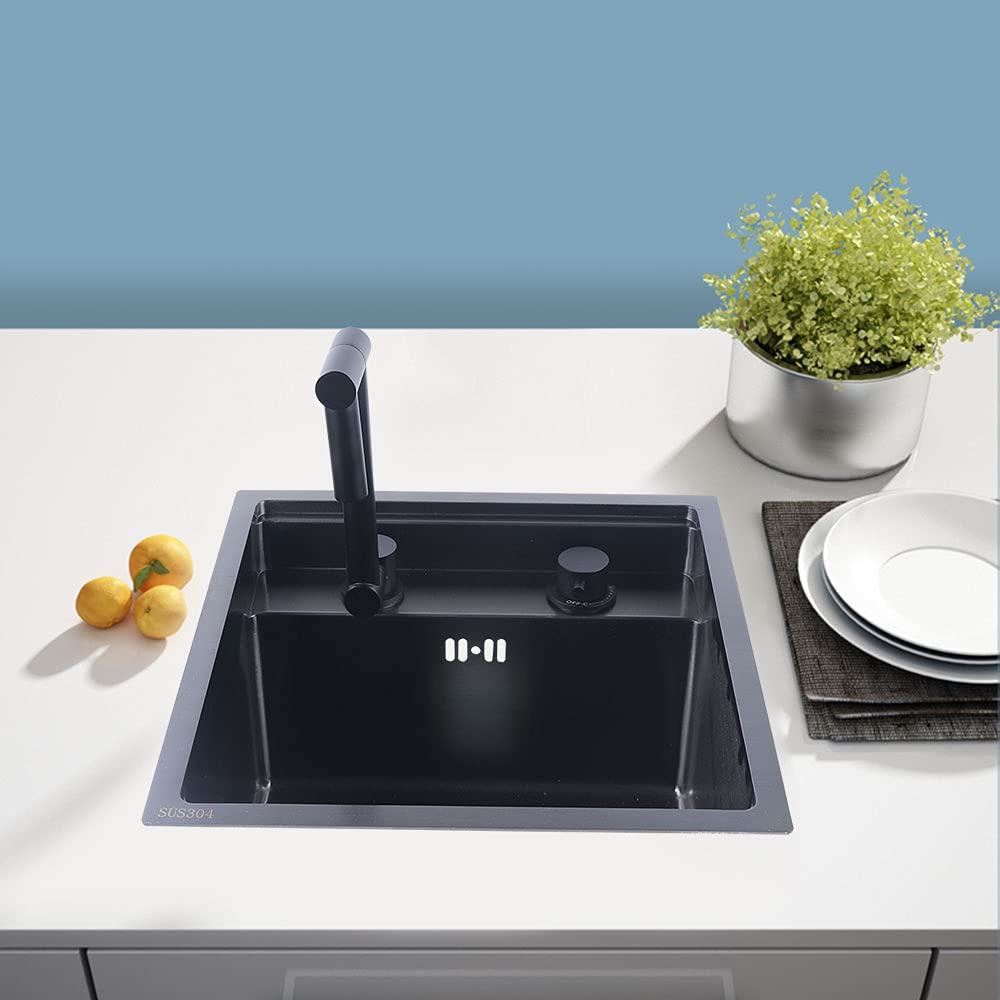TFCFL 15.28 x 13.7 Inch Stainless Steel Black Drop-in Kitchen Sink with Faucet, Single Bowl with Cover, Perfect for Modern Small Kitchens and Compact Spaces