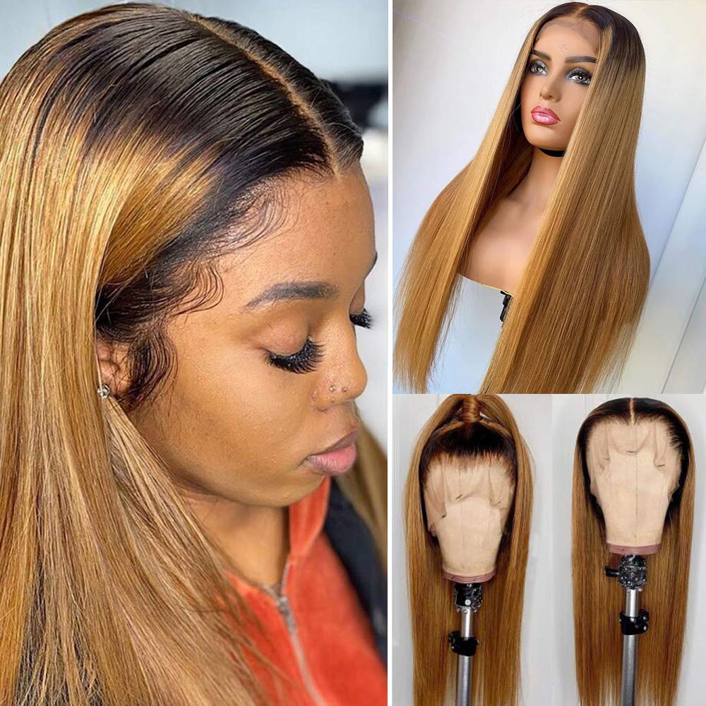 Ombre Lace Front Human Hair Wigs Blonde Strawberry 13x4 Frontal Lace Wigs - 14 Inch 150% Density Pre Plucked with Baby Hair, #613 Straight Lace Front Wig for Women with Dark Roots | Perfect for Daily Wear, Cosplay, and Special Occasions