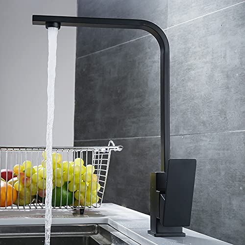 GKEKWMX 304 Stainless Steel Black Square Kitchen Sink Faucet - Commercial Grade Farmhouse Bar Faucet with 360° Rotation, Splash-Proof Design, Deck Mounted for Easy Installation | Perfect for Home Kitchen, Restaurant, Bar & Outdoor Use