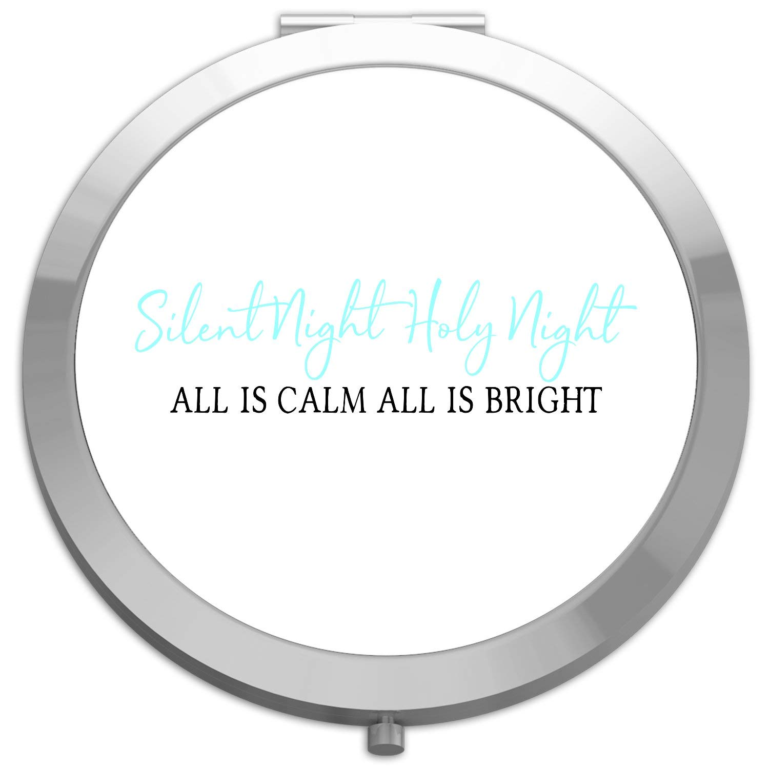 Elegant Silver Round Compact Pocket Mirror - Folding & Portable for Travel, Makeup, and Gifts | Silent Night Holy Night Inspired Design