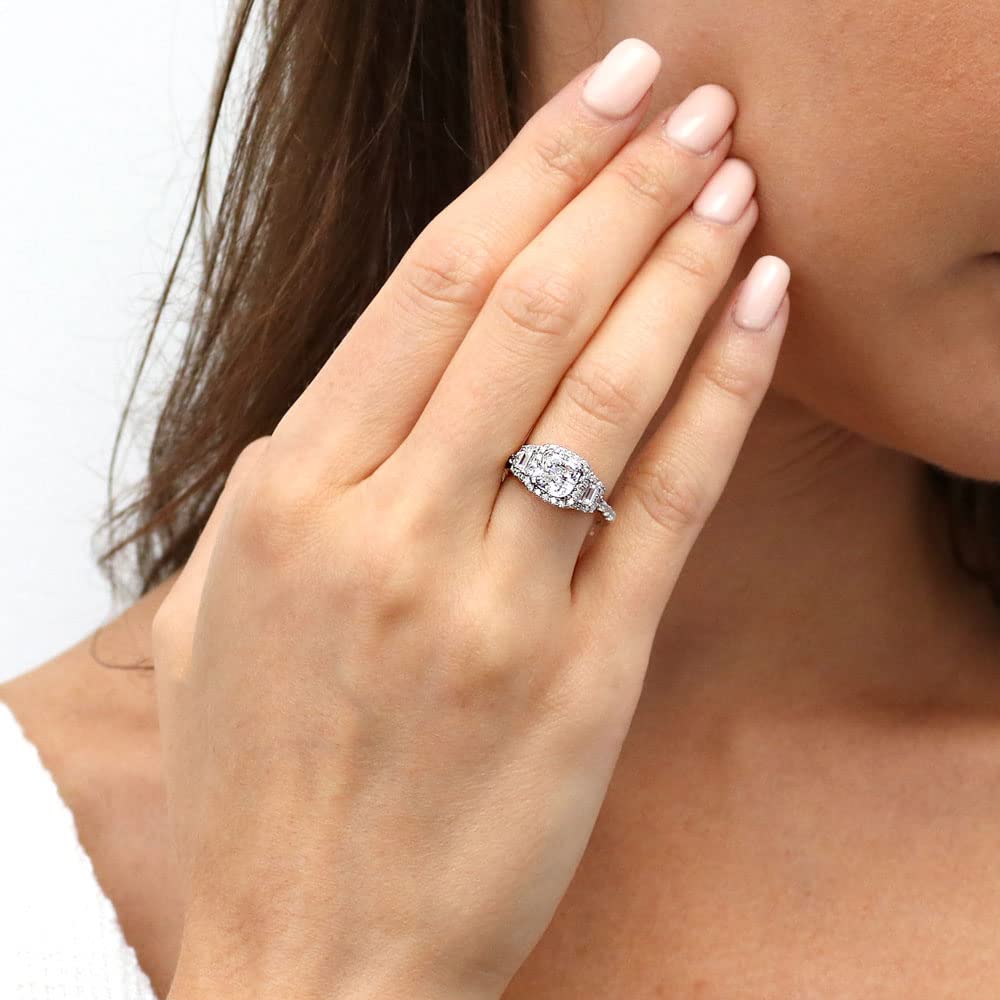 BERRICLE Sterling Silver 3-Stone Wedding & Engagement Ring for Women - 2 Carat Cushion Cut Cubic Zirconia CZ Halo Ring, Rhodium Plated, Size 4-10 - Perfect for Proposals, Anniversaries & Special Occasions
