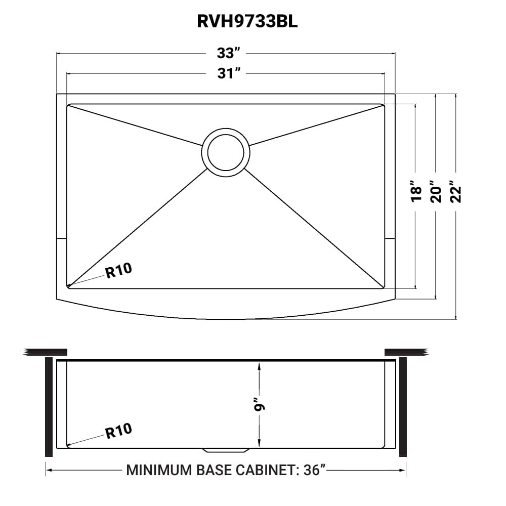 Ruvati Terraza 33-Inch Stainless Steel Undermount Kitchen Sink RVH9733CP - Durable 16 Gauge Sink for Modern Kitchens, Perfect for Food Prep & Dishwashing