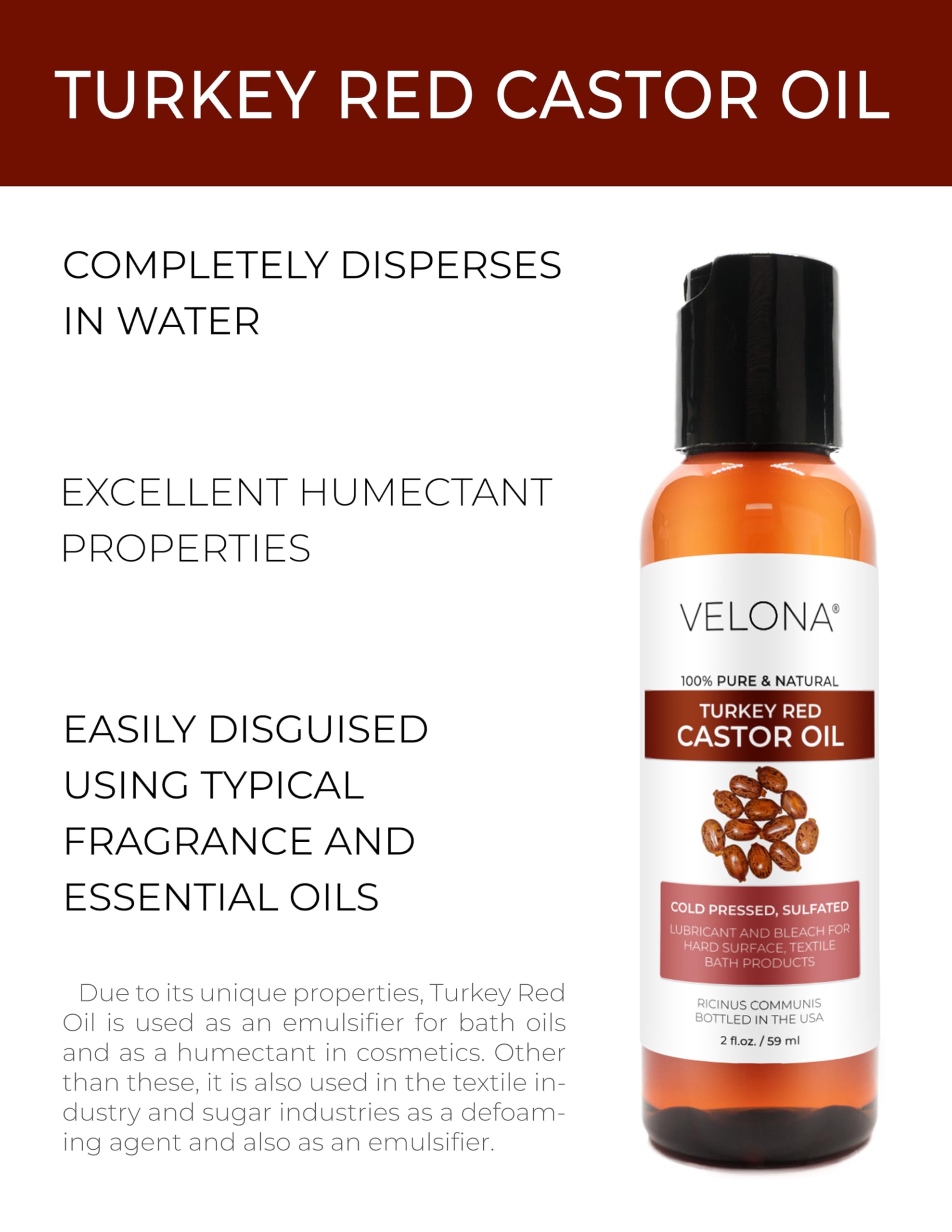 Velona Castor Oil Turkey Red 2 fl oz | 100% Pure Natural Cold Pressed Carrier Oil for Hair Growth, Skin & Body Care | Promotes Eyelash & Eyebrow Growth | Perfect for DIY Beauty, Massage & Natural Remedies