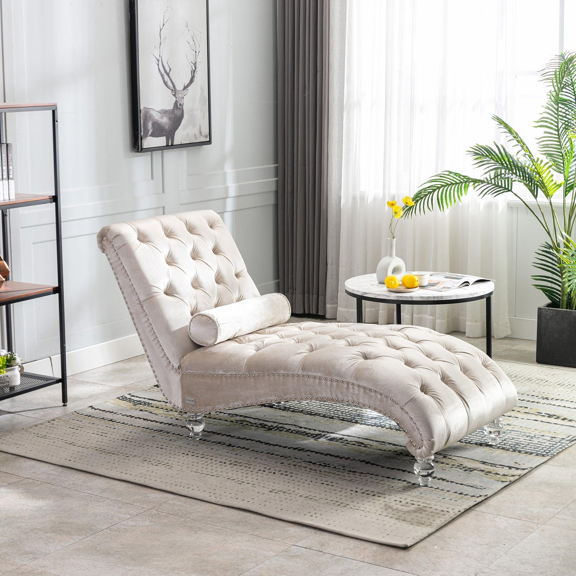 Luxury Velvet Chaise Lounge Chair - Button Tufted Upholstered Sofa with Pillow for Bedroom, Living Room & Office - Elegant Beige Velvet - Perfect for Relaxing, Reading & Home Decor