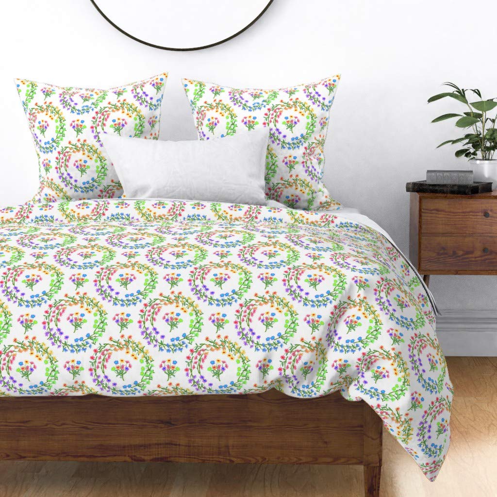 Floral Cotton Sateen Duvet Cover Full/Queen Size - Colorful Spring Bloom Easter Daisy Flower Crowns Print Bedding Set | Perfect for Easter Decor, Spring Bedroom Refresh & Boho Chic Home Styling