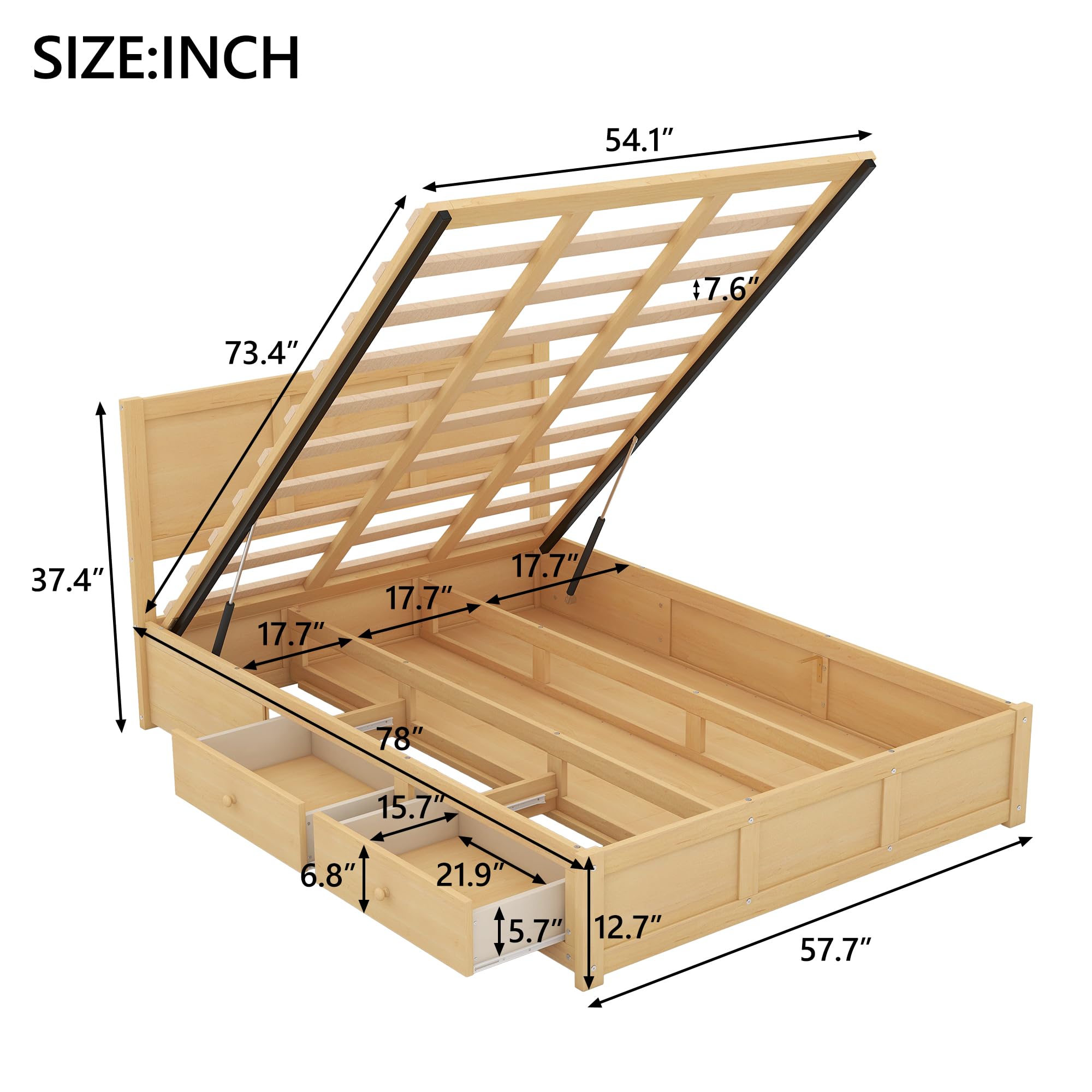 Harper & Bright Designs Full Size Storage Bed Frame with Lift-Up Platform, 2 Drawers & Headboard - Solid Wood Construction, No Box Spring Needed, Easy Assembly (Natural Finish) - Perfect for Small Bedrooms, Guest Rooms & Space-Saving Solutions