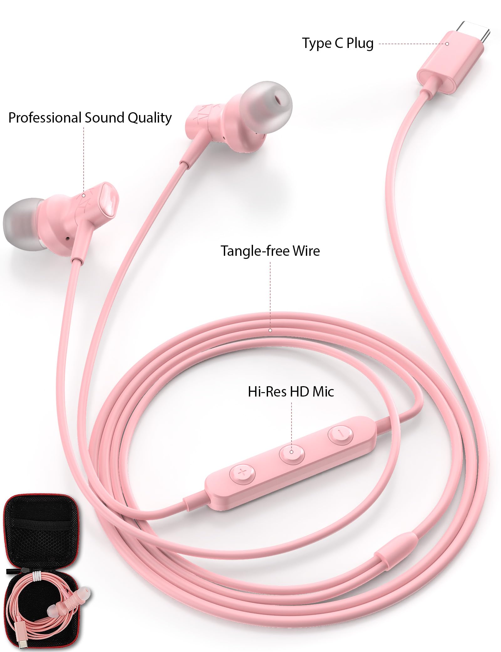Lightweight USB C Wired Earbuds with Mic - Pink Noise Isolating Magnetic Earphones for iPhone 16 Pro Max/15 Plus, iPad Pro/Air, Samsung & Google Phones | Perfect for Girls, Women & Kids | Great for Commuting, Workouts & Online Classes