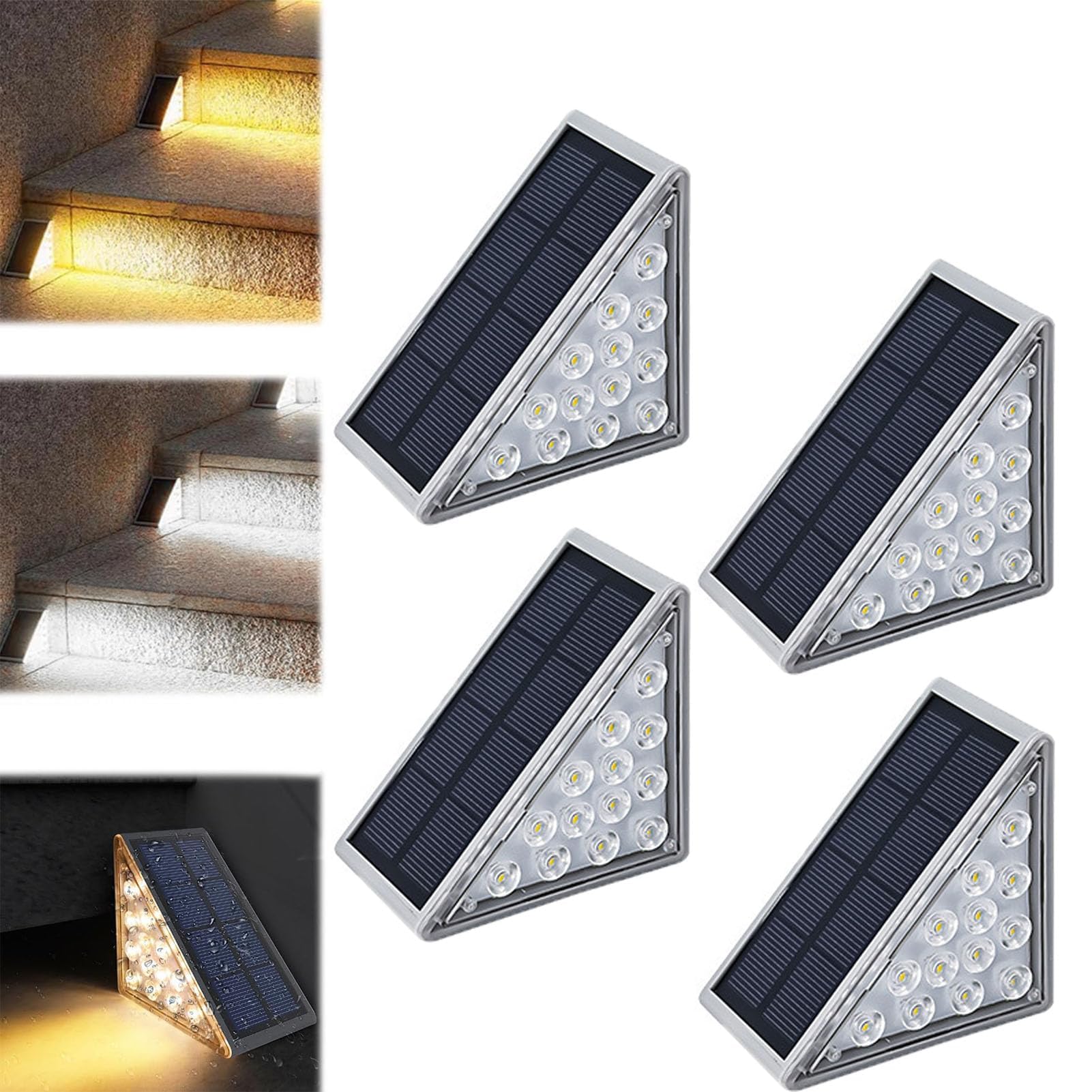 Solar Step Lights for Outdoor Stairs - Waterproof IP67 Triangle Deck Lights with Auto On/Off - Warm White LED for Steps, Yard, Garden, Pathway - Perfect for Patio, Porch, and Landscape Lighting (4 Pack)