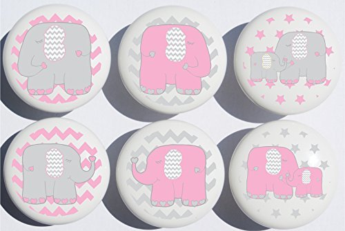 Pink Elephant Drawer Pulls - Ceramic Cabinet Knobs for Jungle Safari Nursery Decor (6-Piece Set) - Perfect for Kids' Room, Dresser, and DIY Furniture Projects