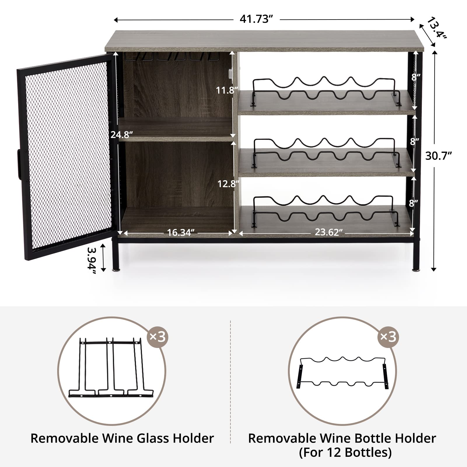 Modern Grey Bar Cabinet for Home - Wine & Liquor Storage with Removable Wine Rack, Glass Holder & Coffee Bar - Space-Saving Corner Cabinet for Living Room, Dining Room or Home Office