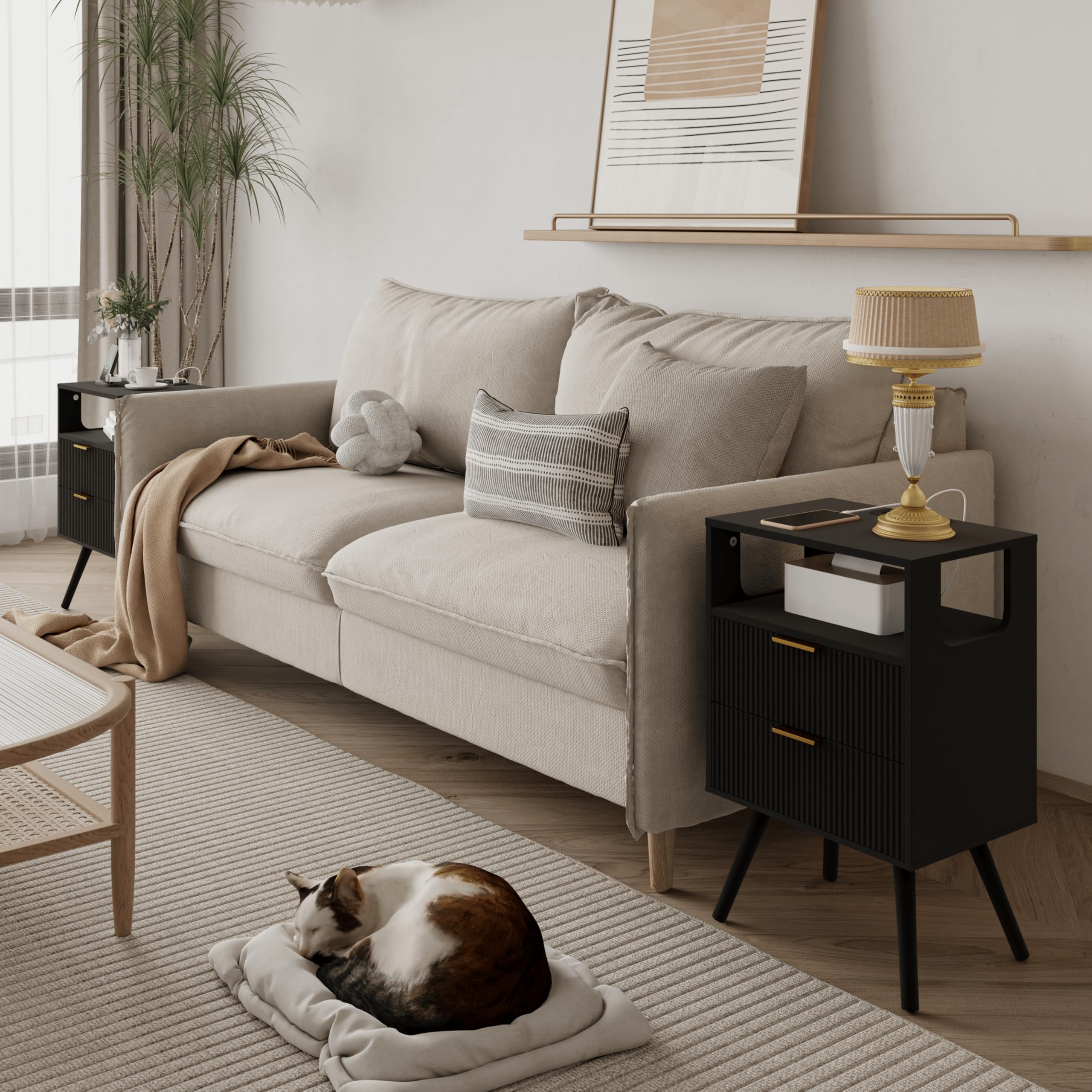 Modern Black Nightstand with USB Charging Station & LED Lights - Bedside Table with 2 Storage Drawers & Open Shelf - Solid Wood Legs for Bedroom, Living Room & Small Spaces - Perfect for Charging Devices & Nighttime Reading