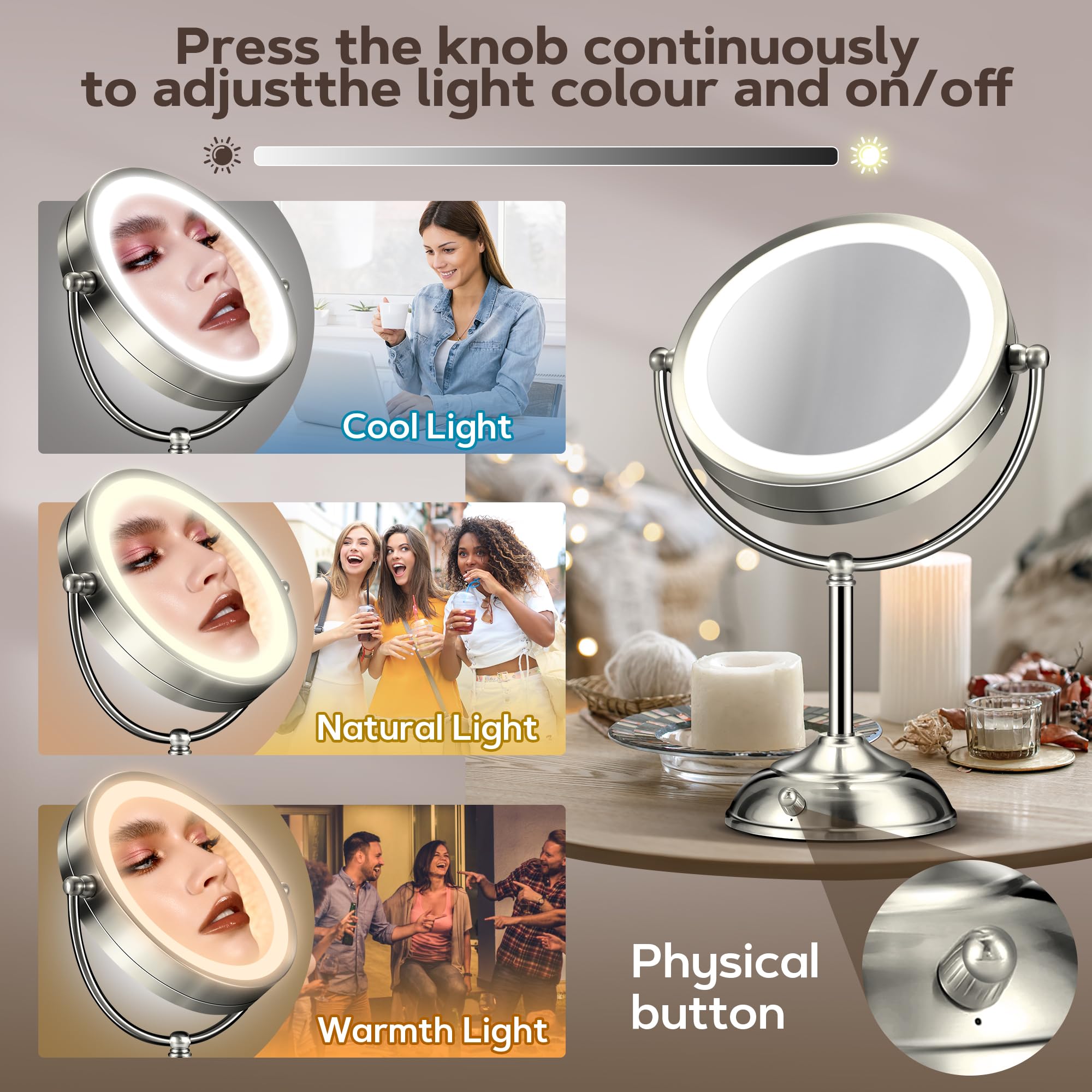 MIYADIVA 10.5 Inch LED Makeup Mirror with Lights - 2-Sided Magnifying Mirror (1X/10X), 3 Color Modes & Adjustable Brightness, Perfect for Vanity Desk, Bathroom, Travel, and Professional Makeup Application
