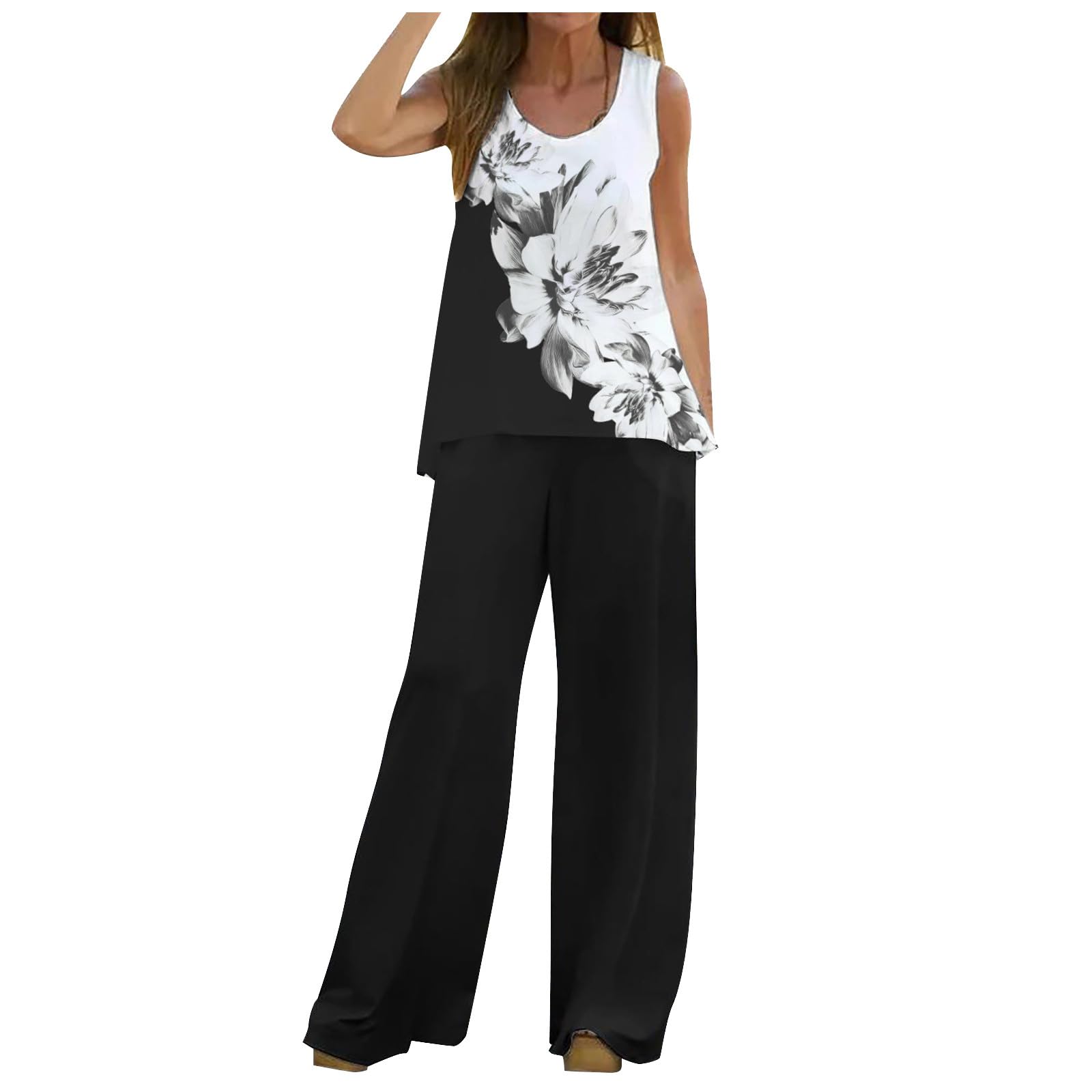 Boho Printed Women's 2-Piece Summer Outfit - Sleeveless Tank Top & Wide Leg Pants Lounge Set (Black, Large) | Perfect for Travel, Beach Vacations & Casual Wear