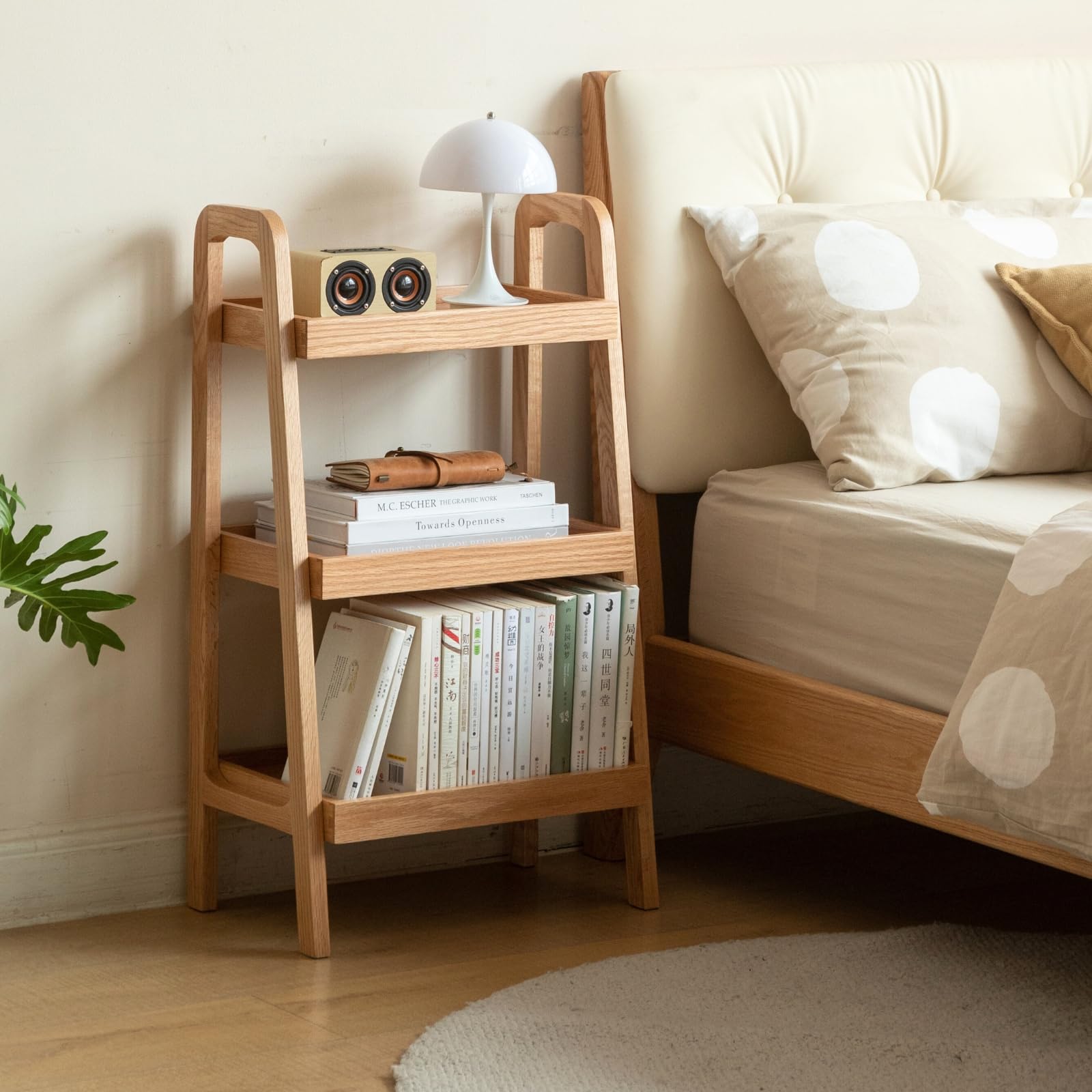 3-Tier Ladder Shelf - Solid Oak Wood Bookshelf with Storage, Small Side Table for Living Room, Bedroom, Kitchen & Bathroom - Perfect for Organizing Books, Plants & Decor (Natural Finish)