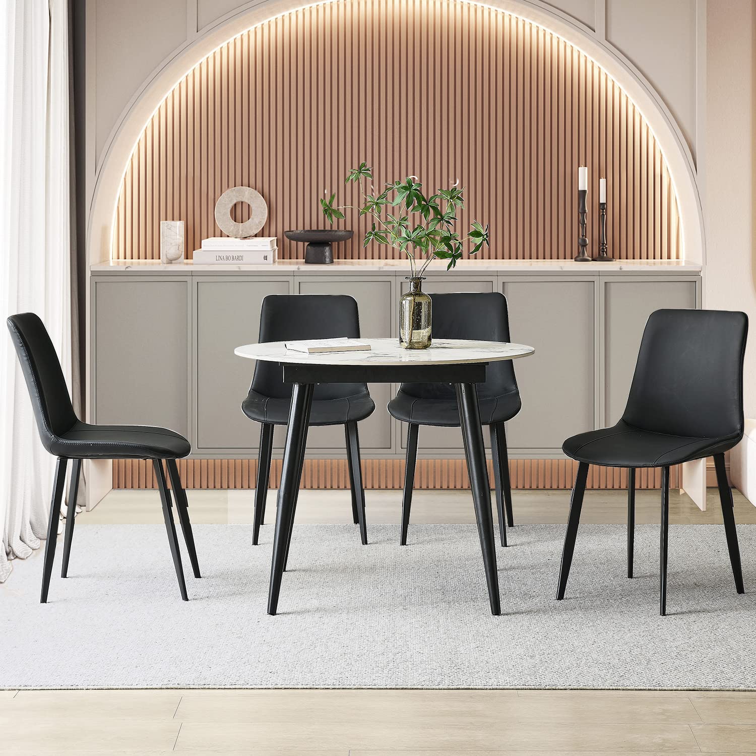 Set of 4 Black Faux Leather Dining Chairs - Mid Century Modern Kitchen Chairs with Sturdy Metal Legs for Dining Room, Restaurant & Living Room - Perfect for Home Decor, Office Meetings and Family Gatherings
