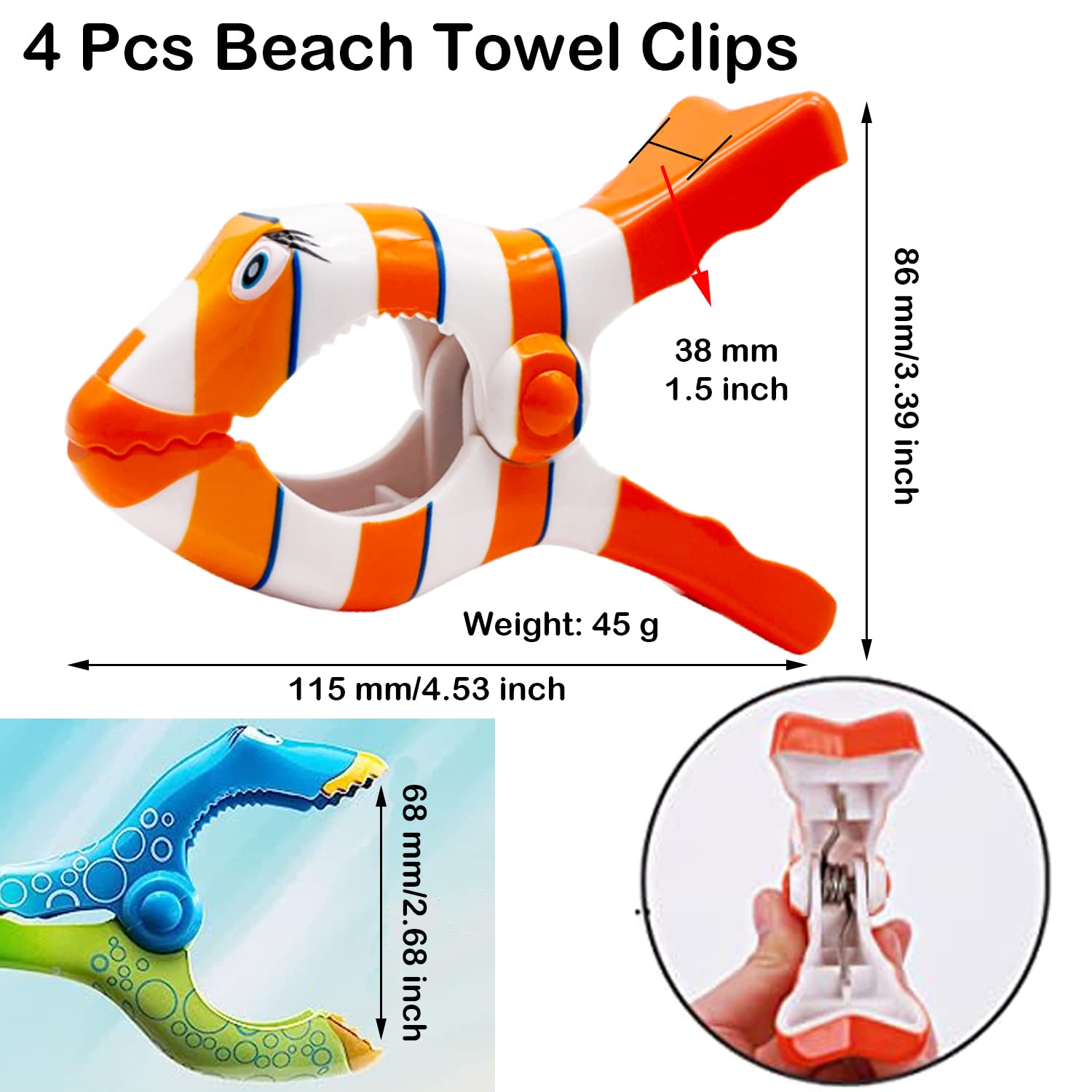 4PCS Creative Clownfish Beach Towel Clips - Blue & Orange Plastic Lounge Chair Clips for Pool, Beach Chairs & Loungers | Secure Towels in Windy Conditions | Perfect for Vacation, Swimming & Sunbathing