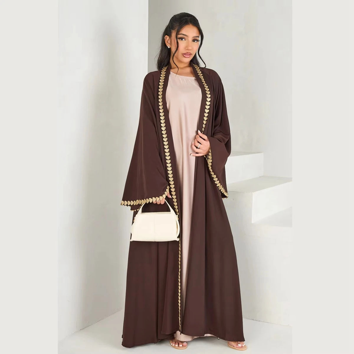 Urgarment Trimming Nida Open Abaya Dress #251015 - Elegant Islamic Abaya for Women, Modest Muslim Prayer Dress, Perfect for Mosque, Eid & Special Occasions