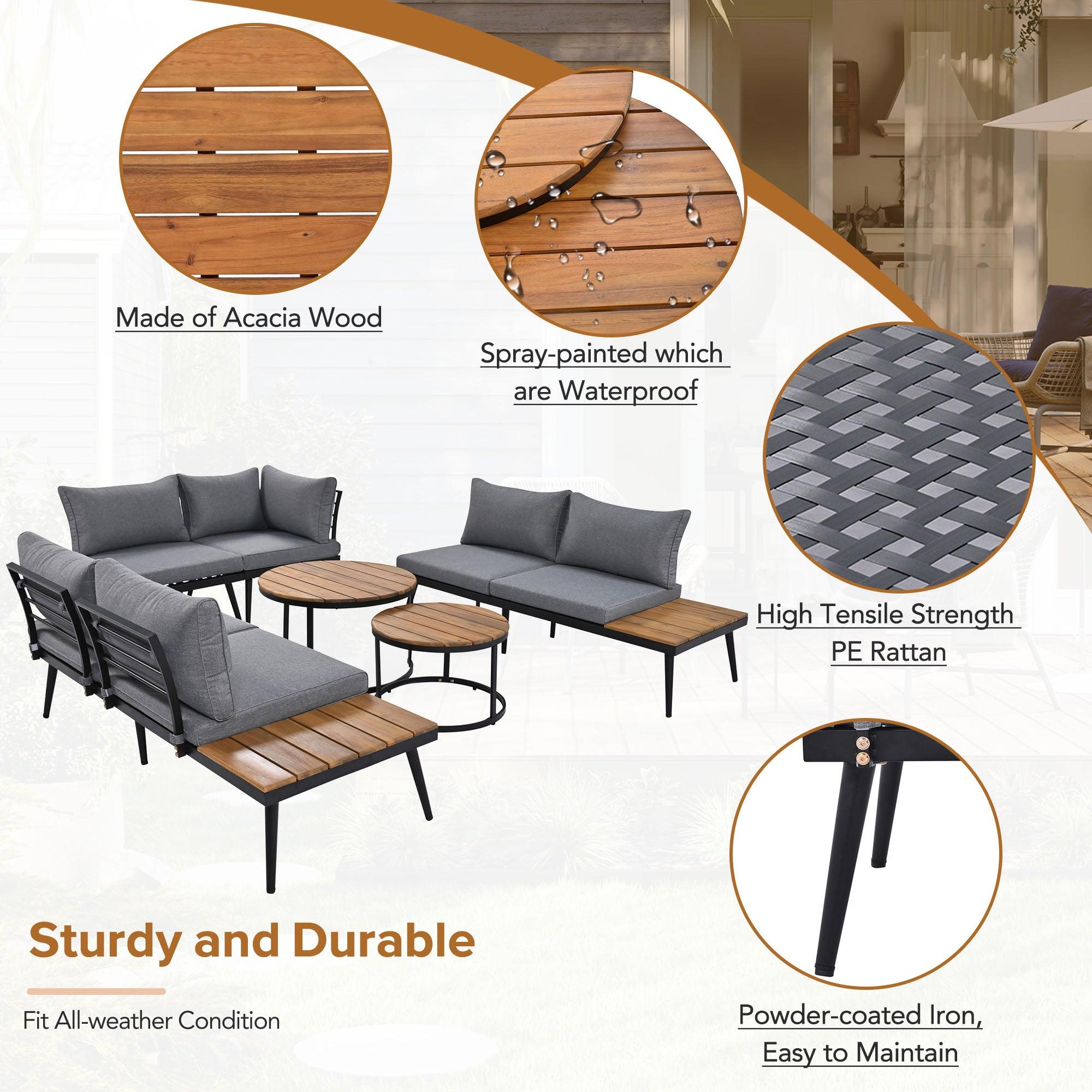 6-Piece Outdoor Sectional Sofa Set with Round Nesting Coffee Tables & Cushioned Seating - Patio, Porch, Garden Furniture for Backyard, Poolside & Outdoor Living Spaces