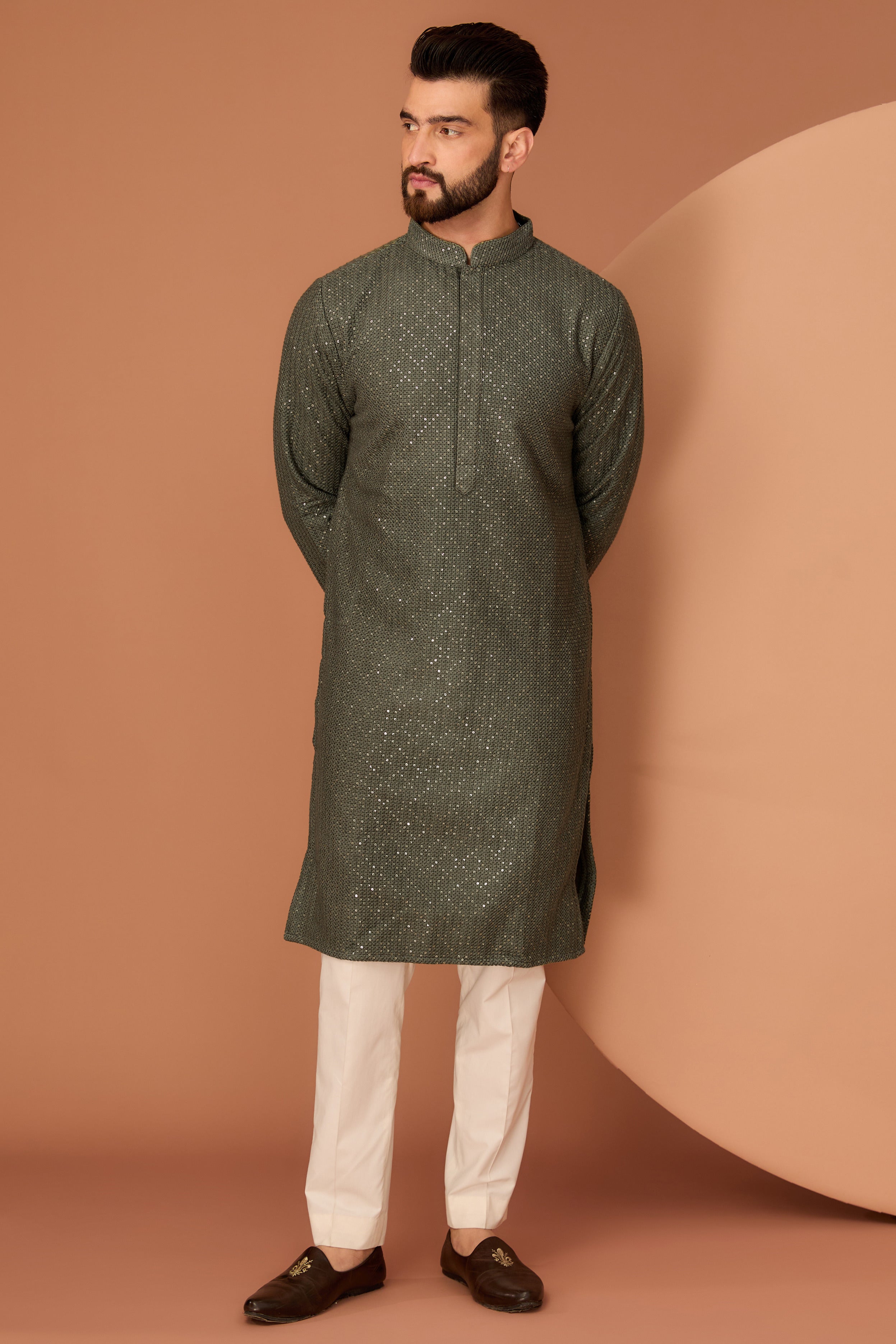Elegant Military Green Chikankari Kurta with Heavy Thread & Sequins Embroidery - Perfect for Festivals, Weddings & Ethnic Occasions