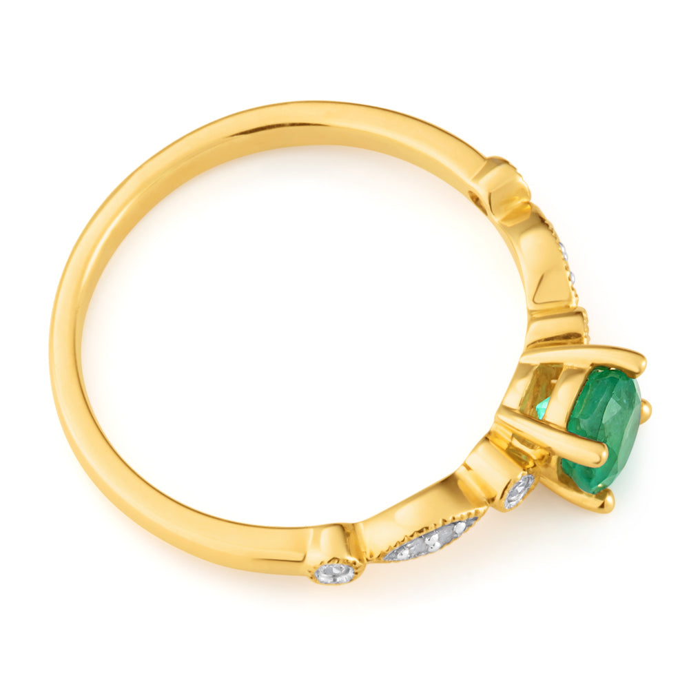 9ct Yellow Gold 0.53ct Natural Emerald and Diamond Ring for Women - Elegant Birthstone Jewelry Gift for Mother's Day, Anniversary or Engagement