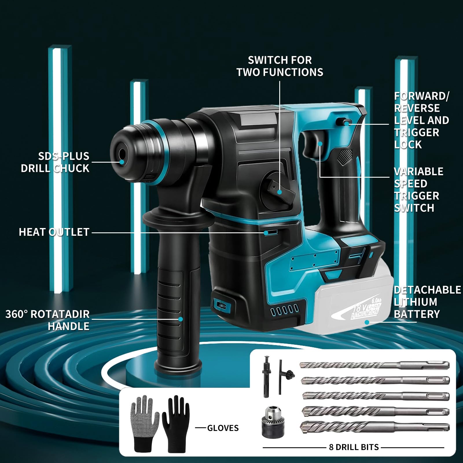 Cordless Rotary Hammer Drill - Brushless SDS Hammer Drill Set with 5 Drill Bits, 1400 RPM, 4200 BPM, Safety Clutch | Perfect for Concrete Drilling, Masonry Work & Demolition (Battery Not Included)