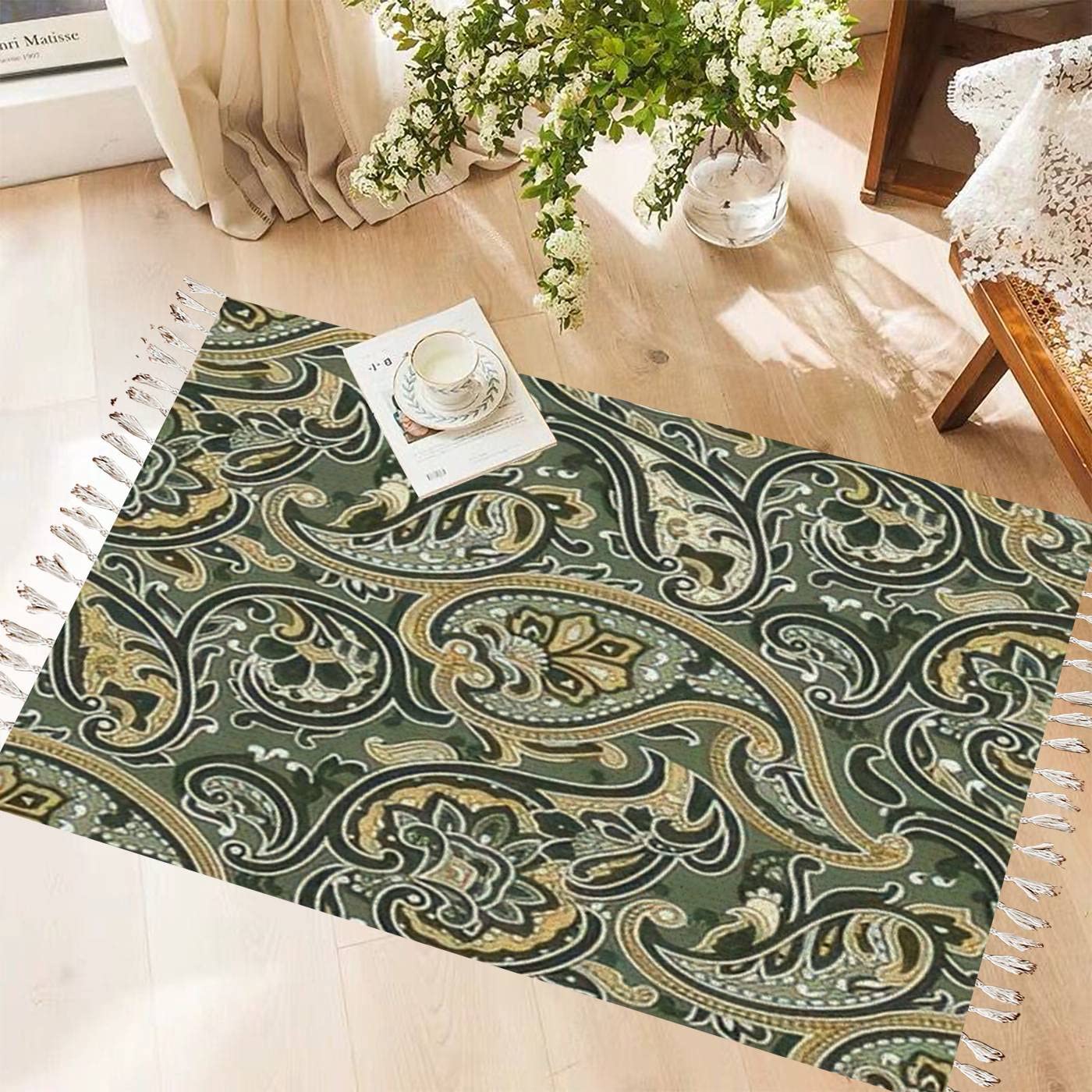 Boho Paisley Oriental Ethnic Fringe Shag Rug - Washable Tassel Carpet for Nursery, Playroom, Bedroom & Living Room Decor | Soft Area Rug for Kids Boys Girls Classroom & Home Decor