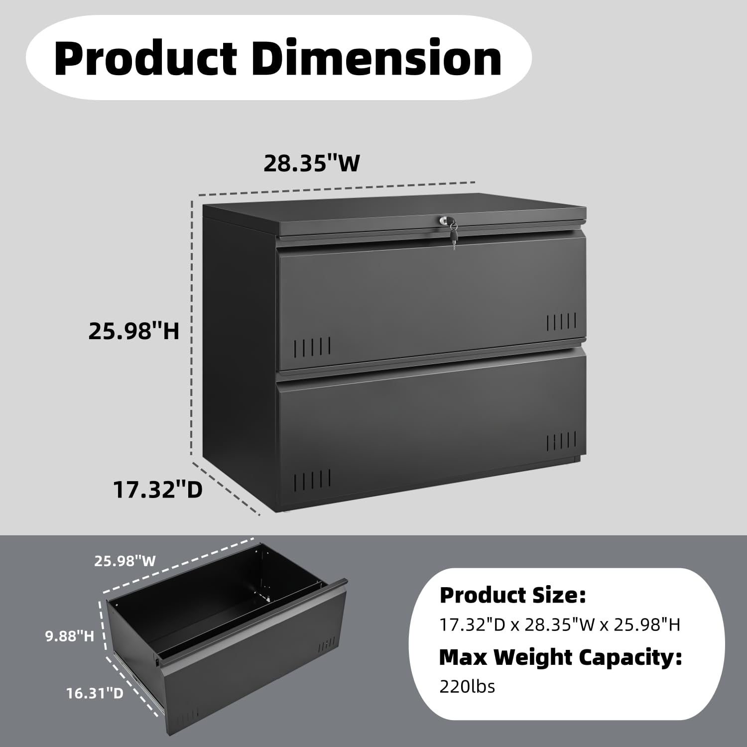 2 Drawer Lateral File Cabinet with Lock - Home Office Storage for A4, Letter & Legal Size Folders - Black Filing Cabinet for Documents, Printer Stand & Office Organization