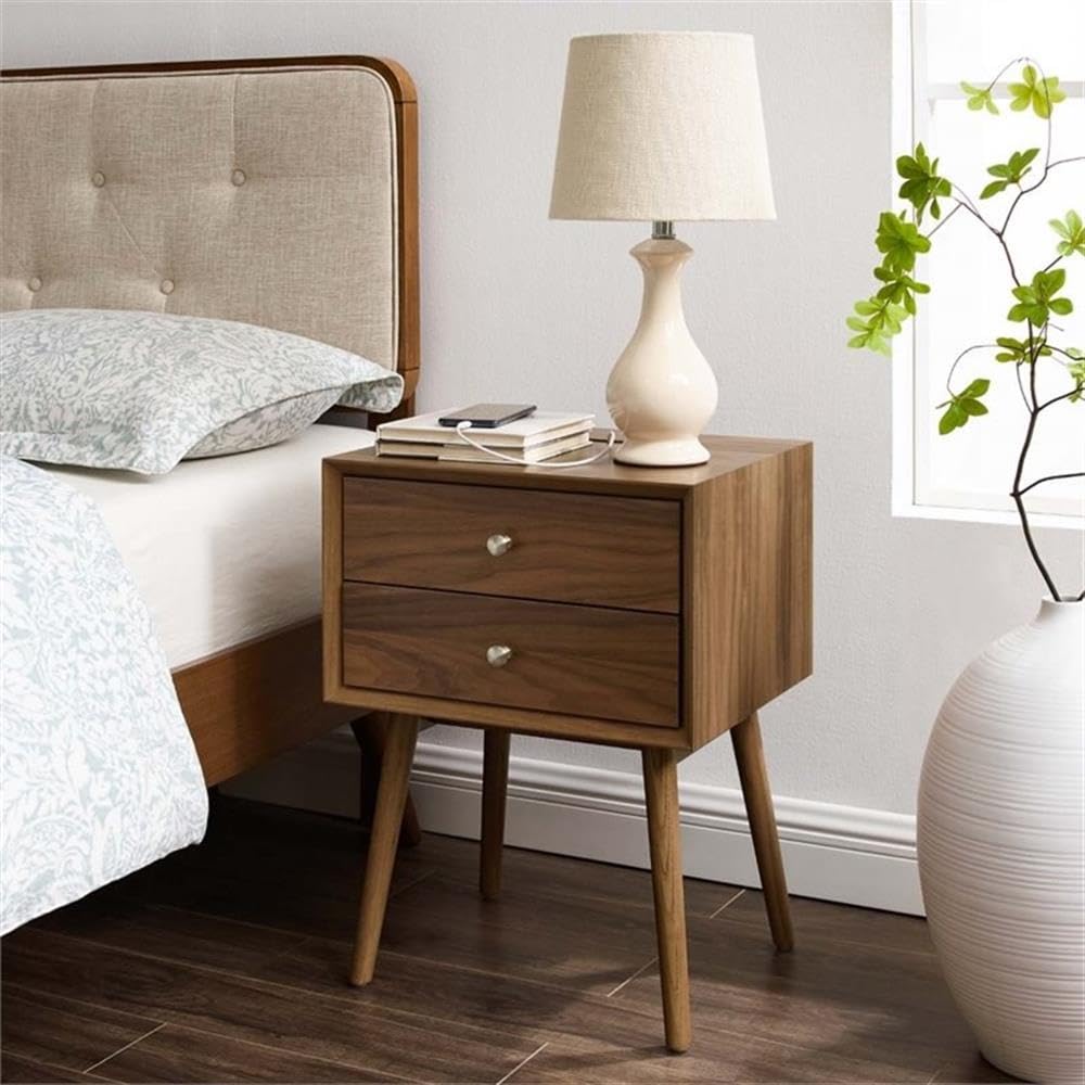 Modern Walnut Wood Nightstand with USB Ports - Stylish Bedside Table for Bedroom, Living Room & Office Storage