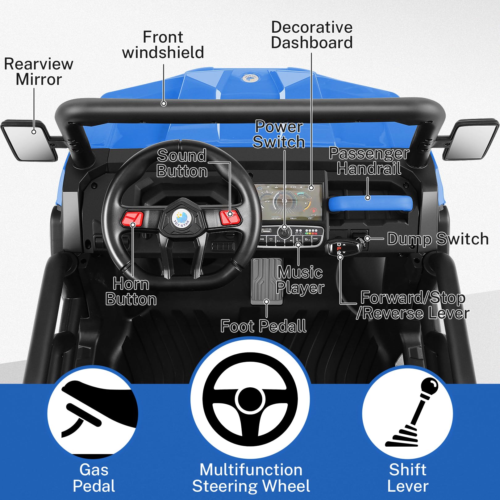Hikole 24V Kids Ride On Dump Truck - 6-Wheel 2-Seater Electric UTV with Parent Remote Control, LED Lights & Music | 3-Speed Adjustable, Spring Suspension | 24 Volt Battery-Powered Ride-On Toy for Boys & Girls Ages 3-8 | Outdoor Play, Backyard Fun, Birthday Gift Idea (Blue)