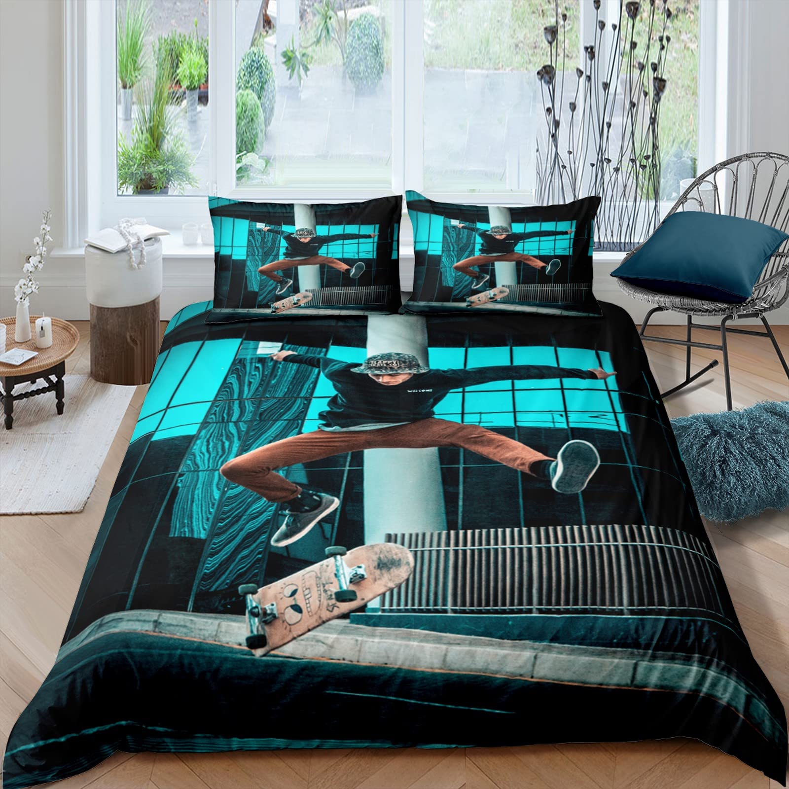 3D Printed Cool Boy Skateboard Duvet Cover Set - Twin Size 68x90 Inches, 3 Piece Luxury Soft Microfiber Bedding Set with 2 Pillowcases for Teens & Adults - Perfect for Skateboard Enthusiasts' Bedroom Decor